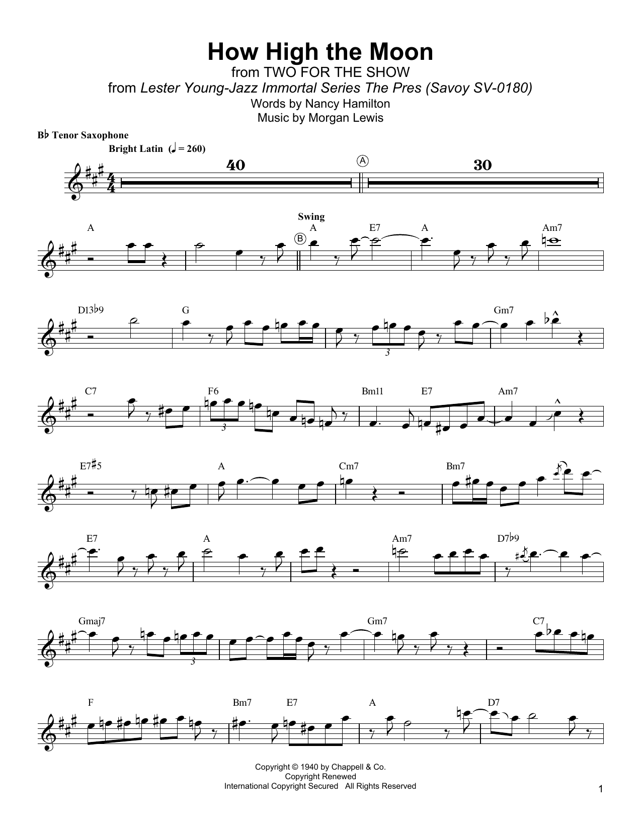 Lester Young How High The Moon sheet music notes and chords arranged for Tenor Sax Transcription