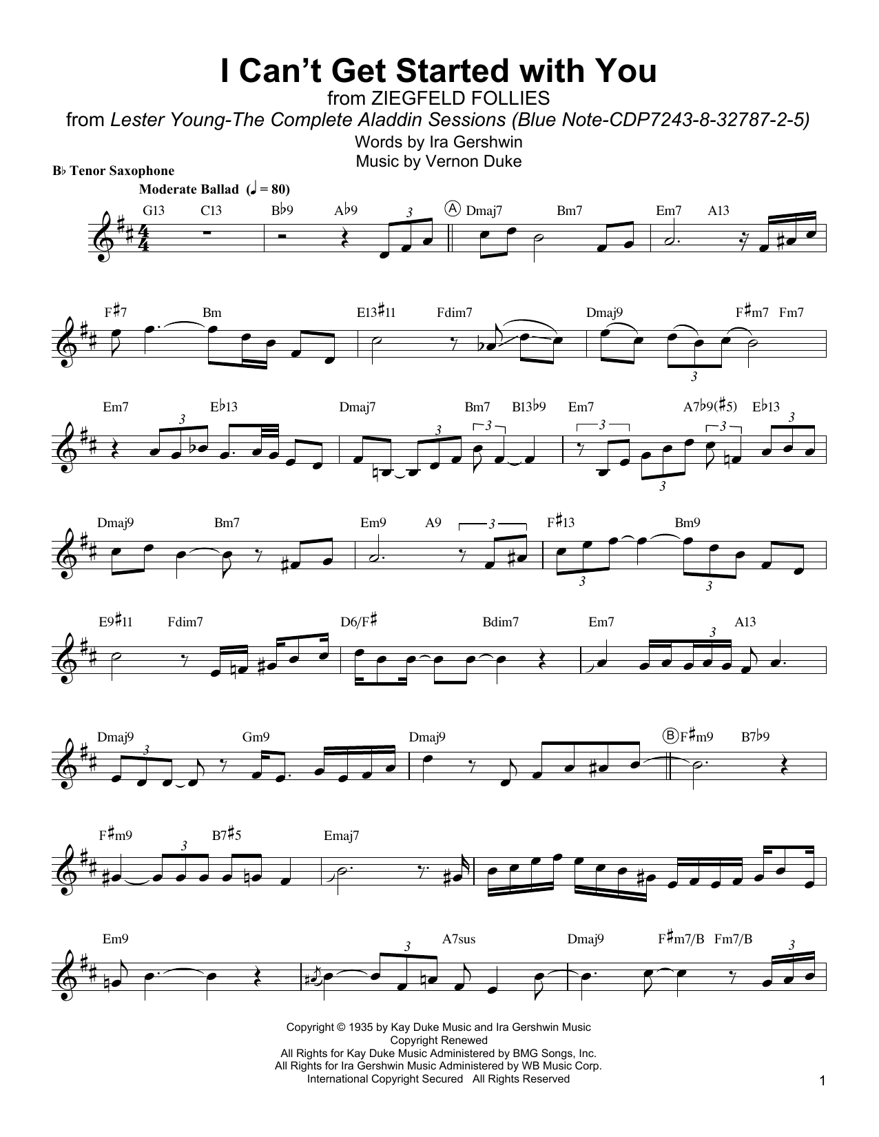 Lester Young I Can't Get Started sheet music notes and chords arranged for Tenor Sax Transcription