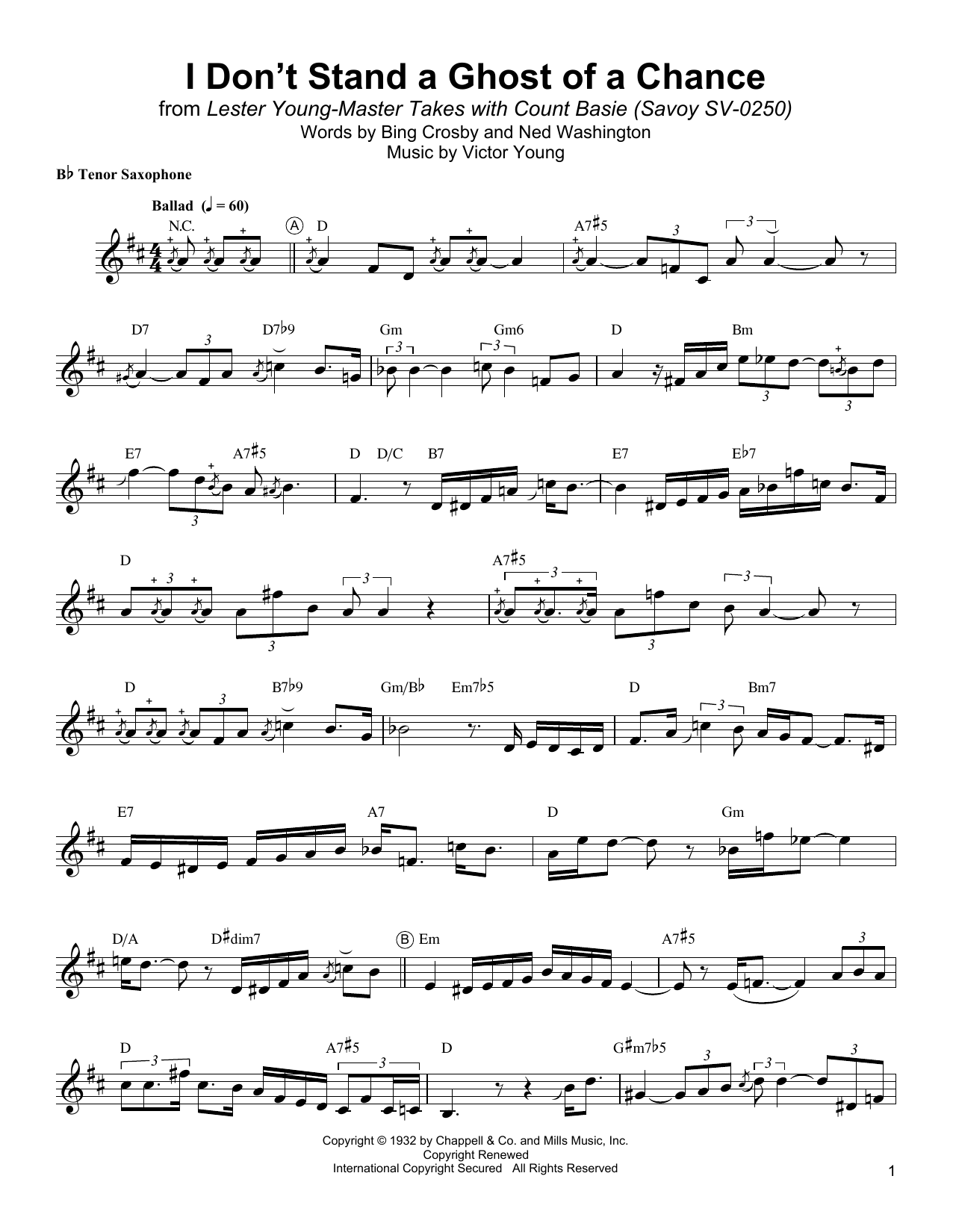 Lester Young I Don't Stand A Ghost Of A Chance With You sheet music notes and chords arranged for Tenor Sax Transcription