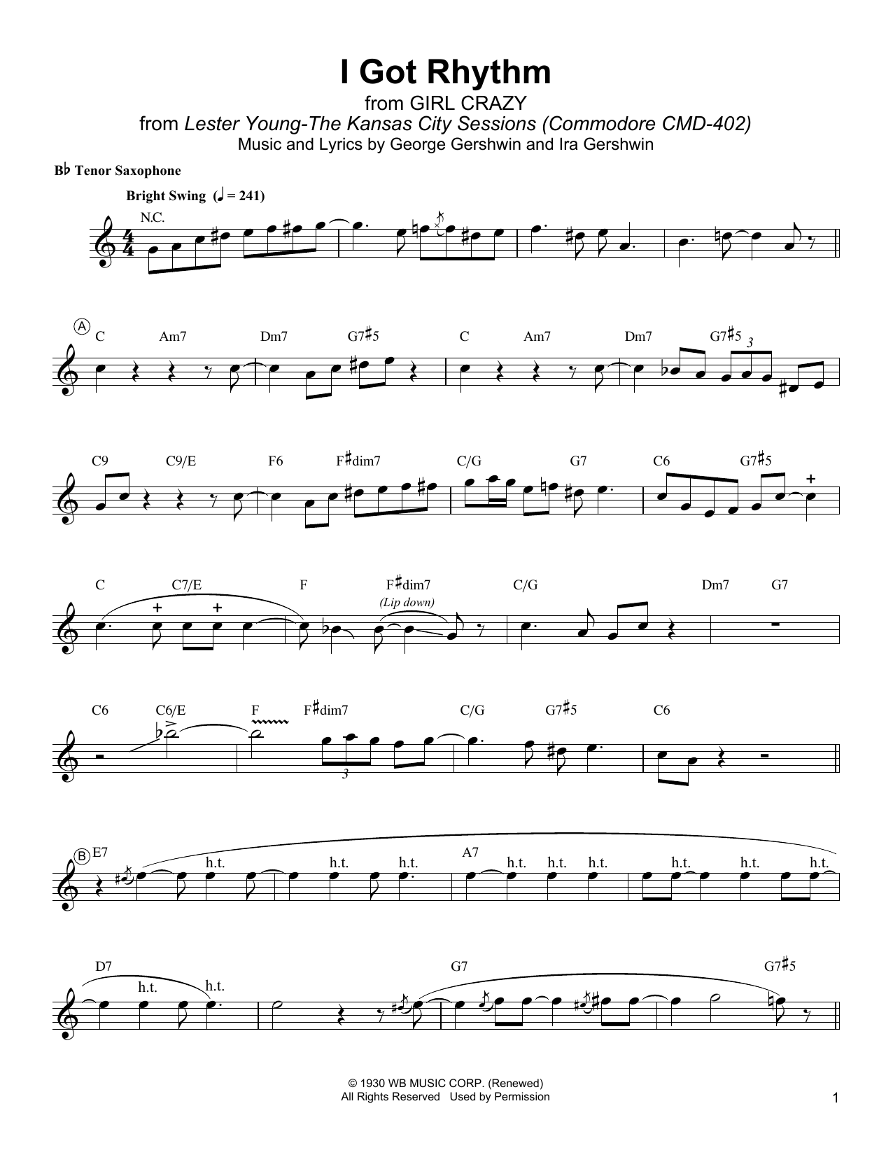 Lester Young I Got Rhythm sheet music notes and chords arranged for Tenor Sax Transcription