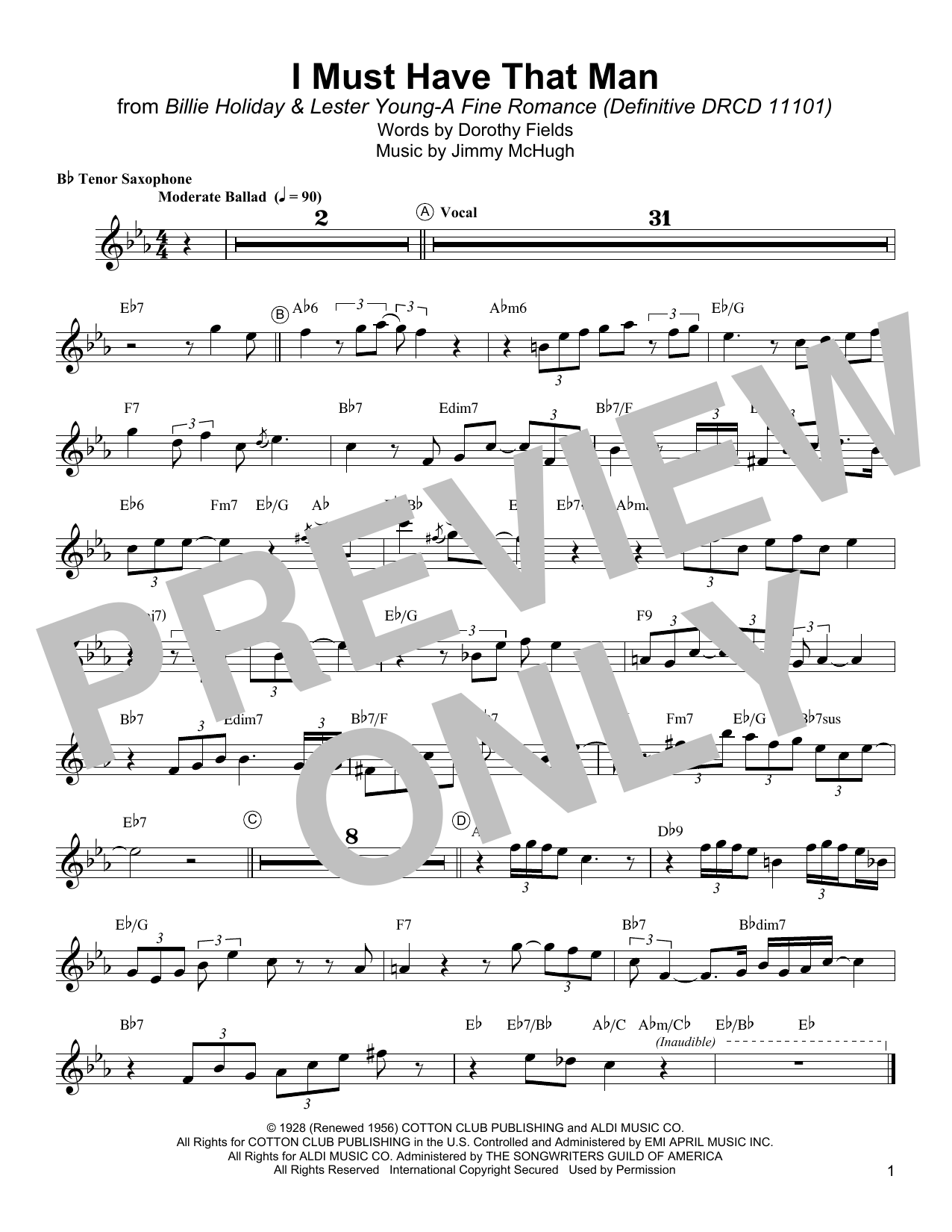 Lester Young I Must Have That Man sheet music notes and chords arranged for Tenor Sax Transcription