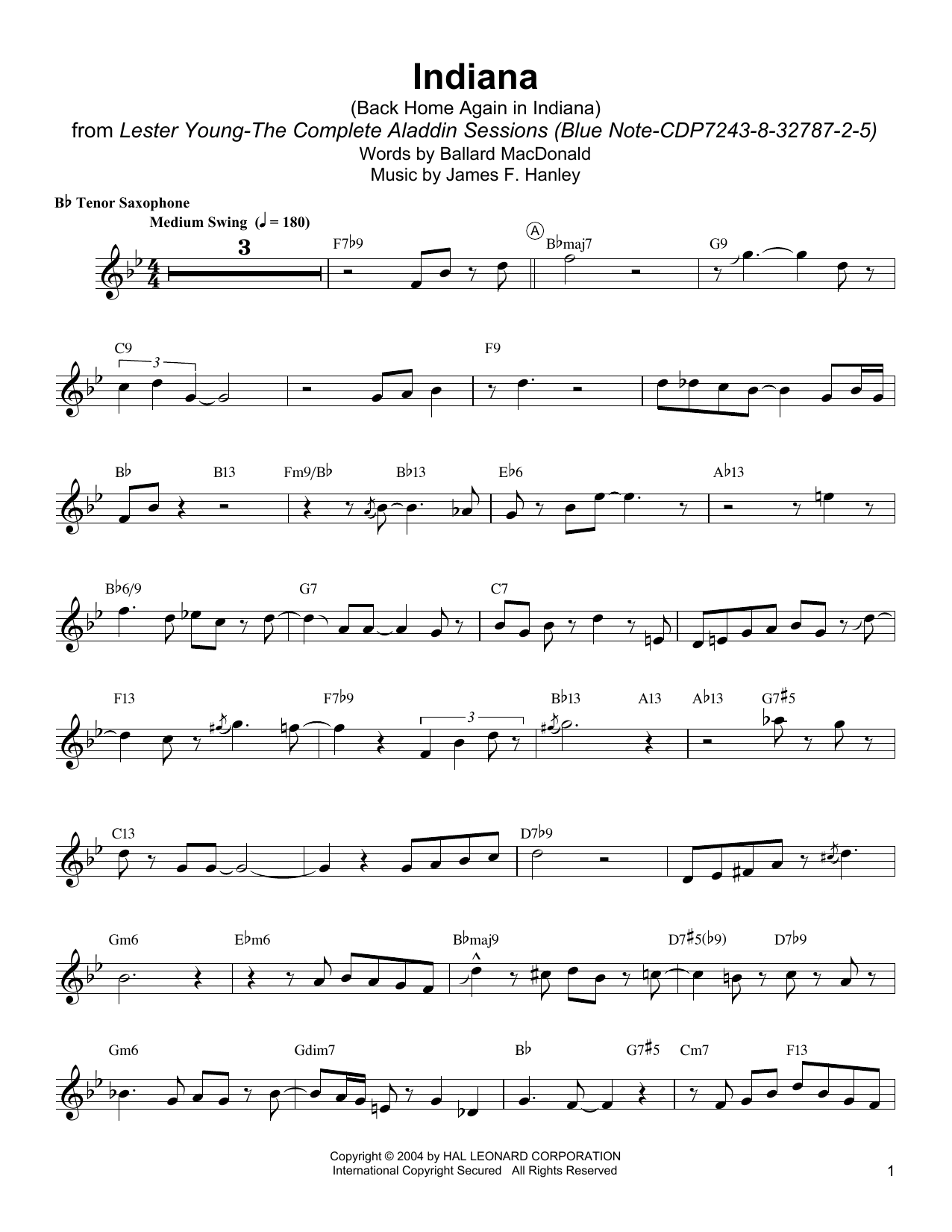 Lester Young Indiana (Back Home Again In Indiana) sheet music notes and chords arranged for Tenor Sax Transcription