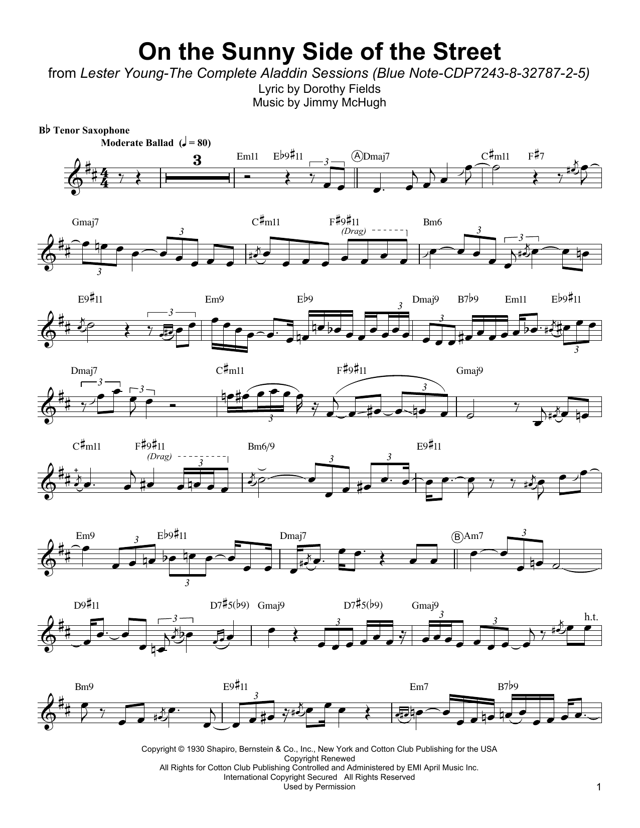 Lester Young On The Sunny Side Of The Street sheet music notes and chords arranged for Tenor Sax Transcription