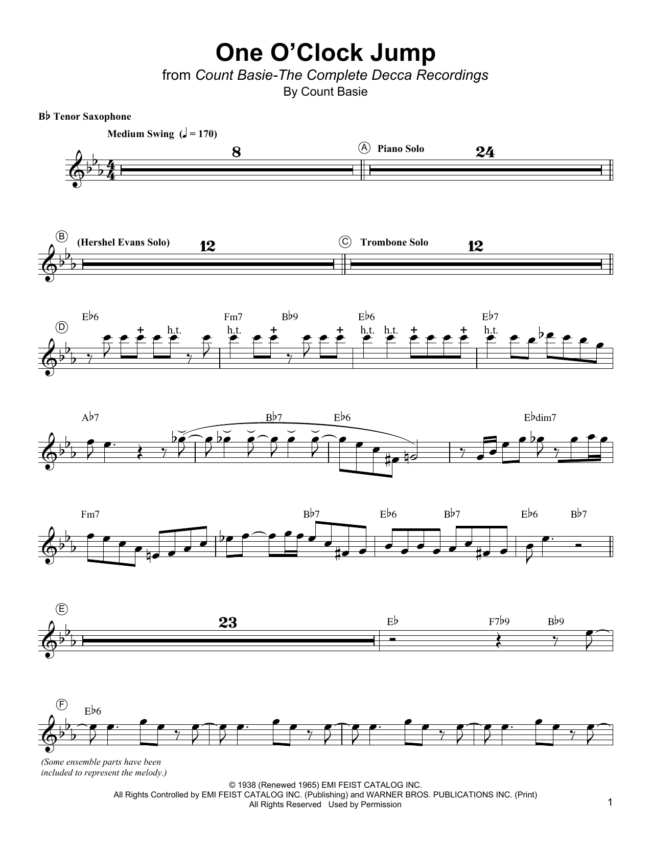 Lester Young One O'Clock Jump sheet music notes and chords arranged for Tenor Sax Transcription