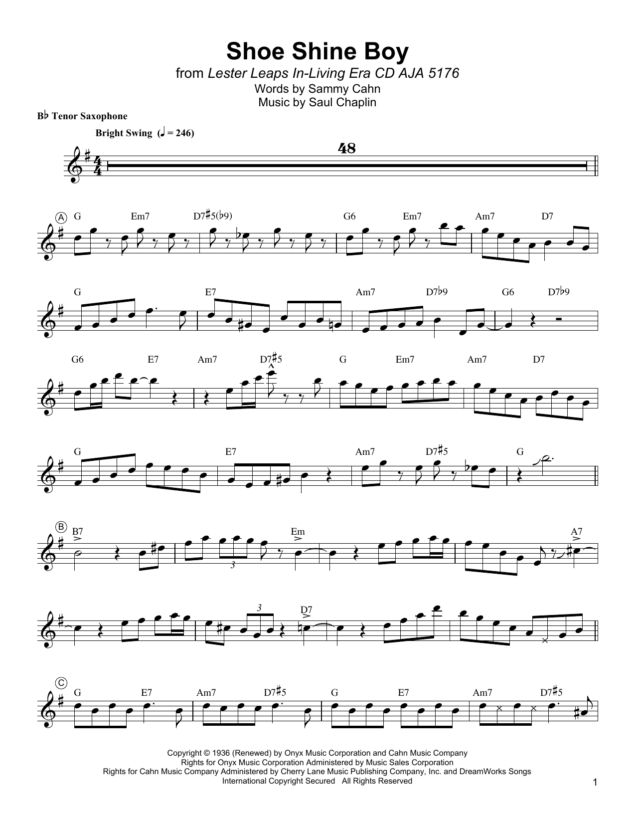 Lester Young Shoe Shine Boy sheet music notes and chords arranged for Tenor Sax Transcription