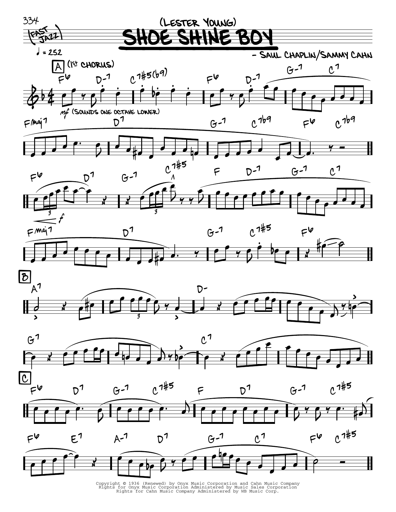 Lester Young Shoe Shine Boy (solo only) sheet music notes and chords arranged for Real Book – Melody & Chords