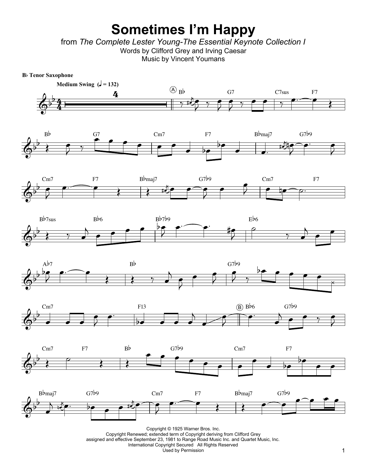 Lester Young Sometimes I'm Happy sheet music notes and chords arranged for Tenor Sax Transcription