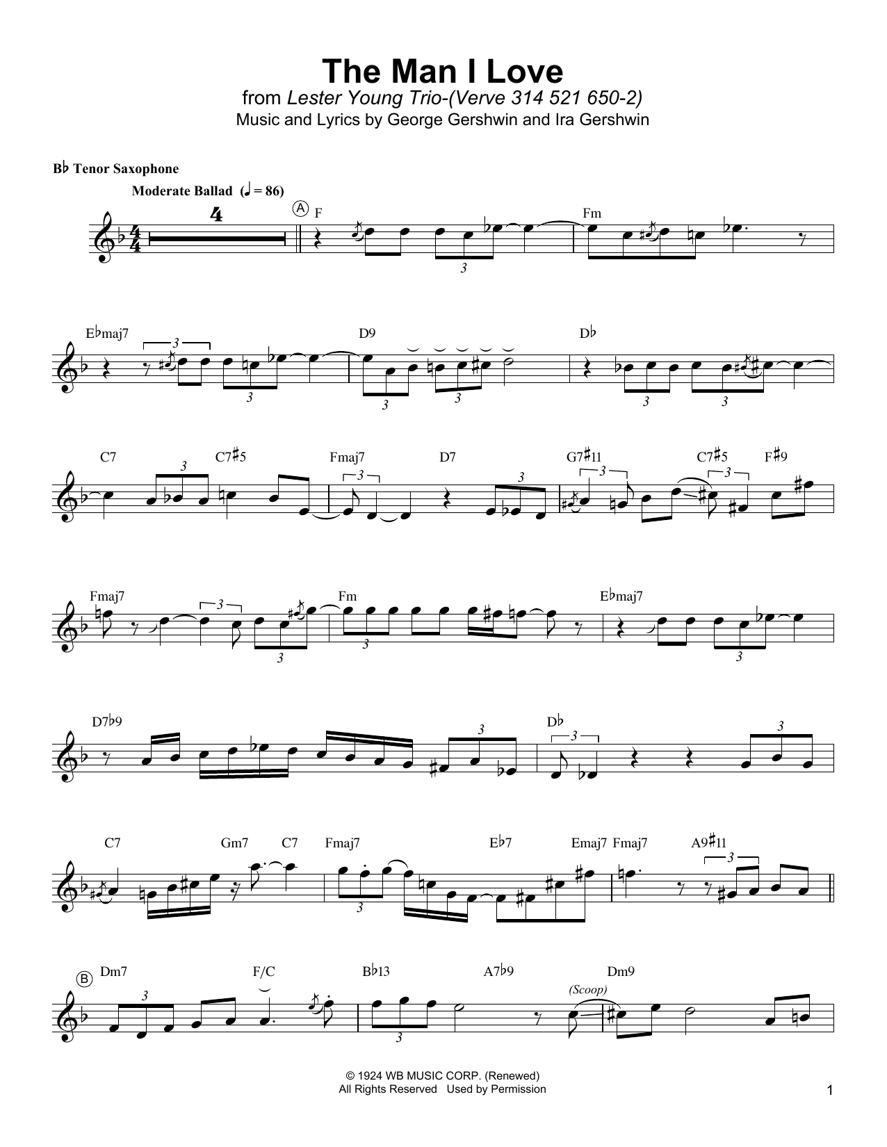 Lester Young The Man I Love sheet music notes and chords arranged for Tenor Sax Transcription