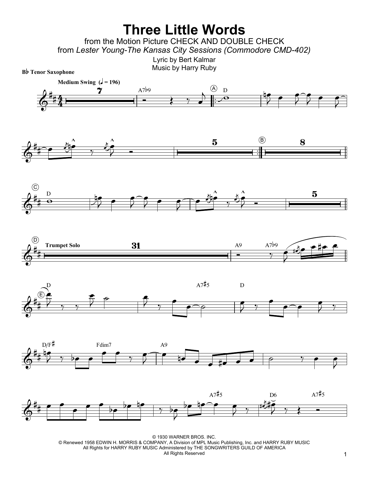Lester Young Three Little Words sheet music notes and chords arranged for Tenor Sax Transcription