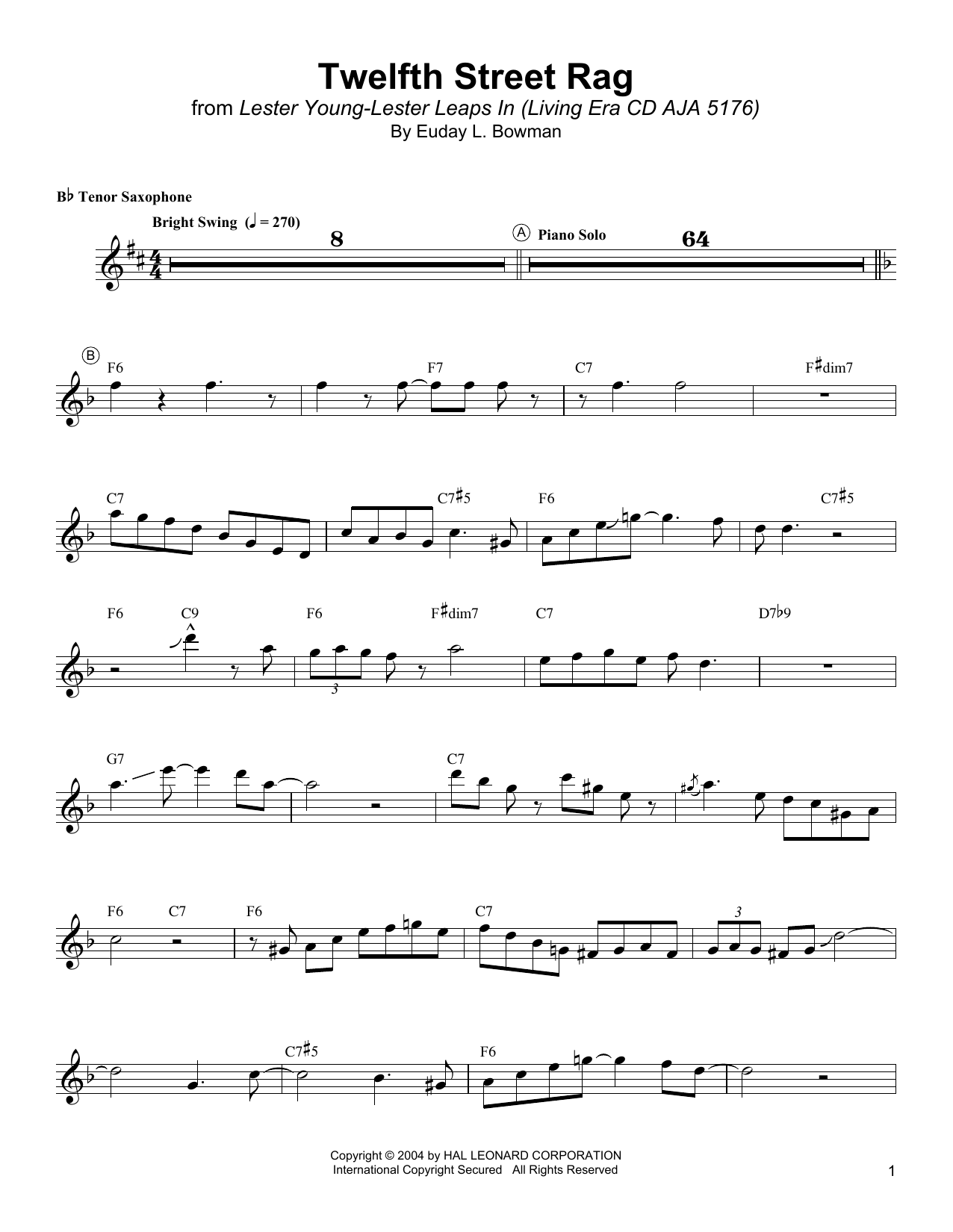 Lester Young Twelfth Street Rag sheet music notes and chords arranged for Tenor Sax Transcription
