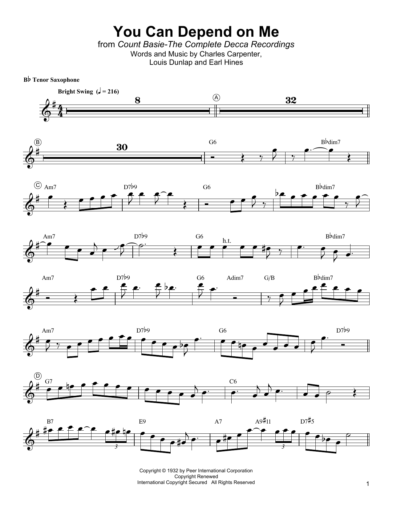Lester Young You Can Depend On Me sheet music notes and chords arranged for Tenor Sax Transcription