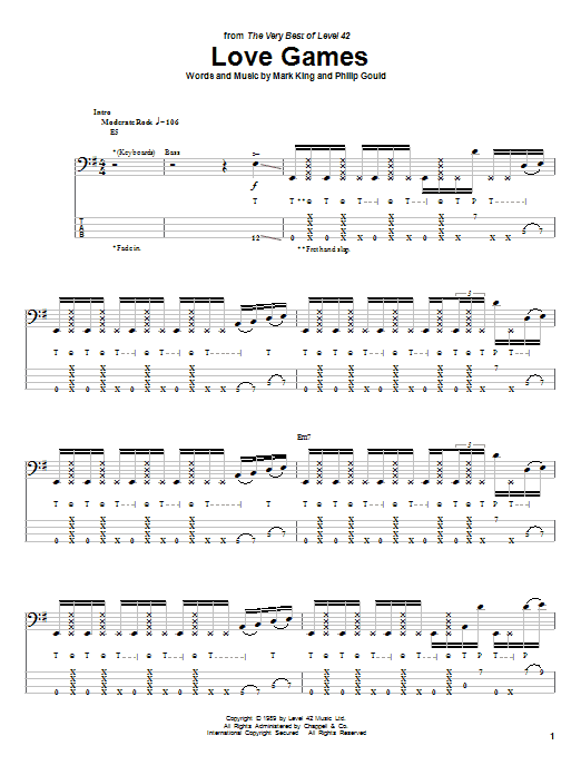 Level 42 Love Games sheet music notes and chords arranged for Bass Guitar Tab