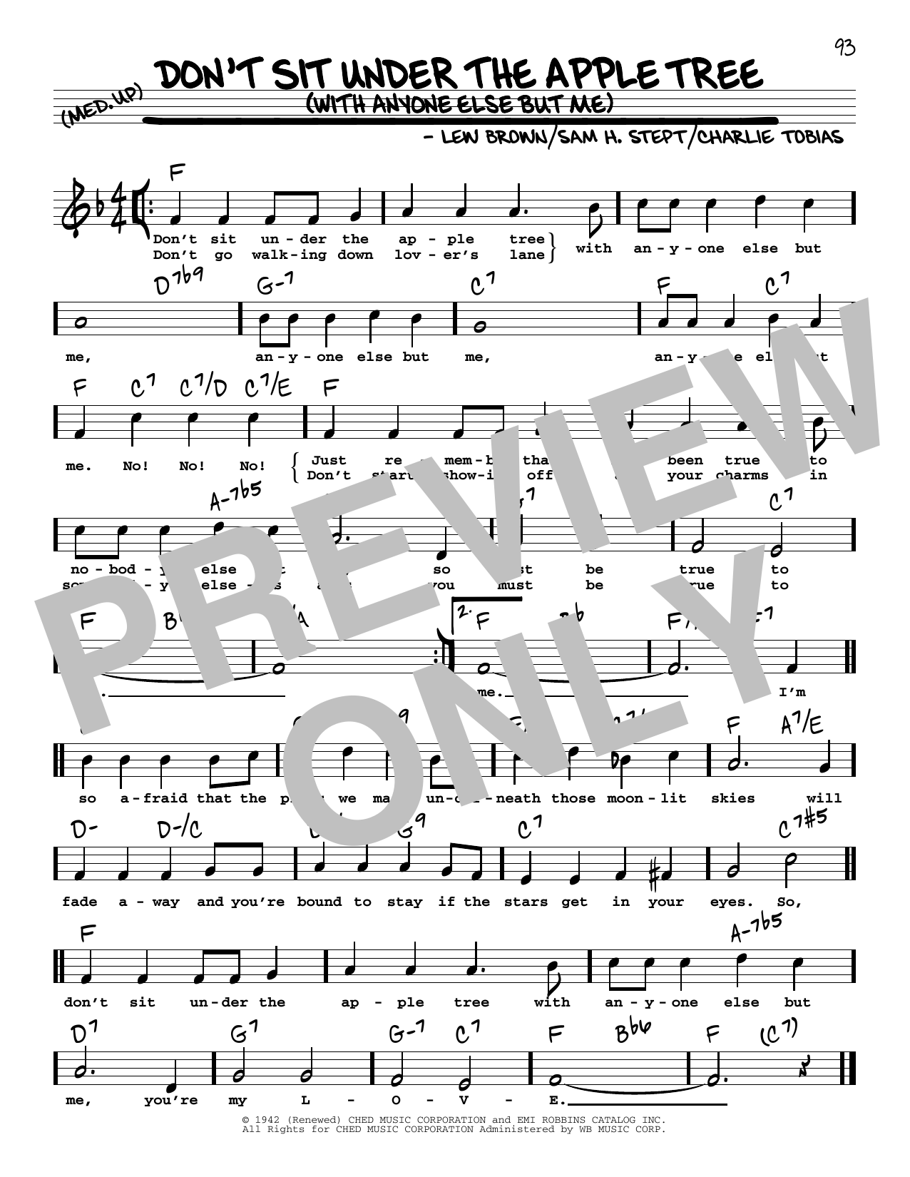 Lew Brown Don't Sit Under The Apple Tree (With Anyone Else But Me) (High Voice) sheet music notes and chords arranged for Real Book – Melody, Lyrics & Chords