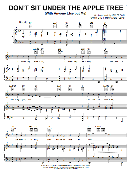 Lew Brown Don't Sit Under The Apple Tree (With Anyone Else But Me) sheet music notes and chords arranged for Piano, Vocal & Guitar Chords (Right-Hand Melody)