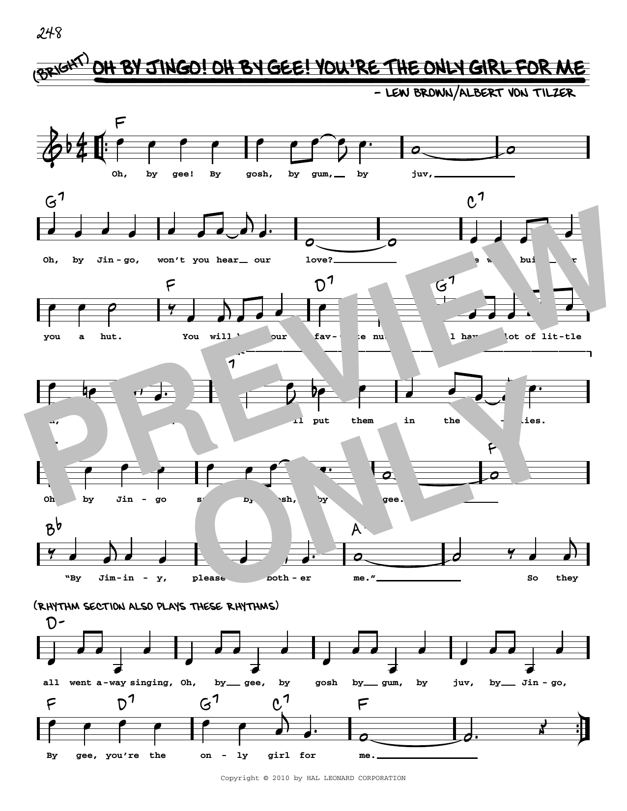 Lew Brown Oh By Jingo! Oh By Gee! You're The Only Girl For Me (arr. Robert Rawlins) sheet music notes and chords arranged for Real Book – Melody, Lyrics & Chords