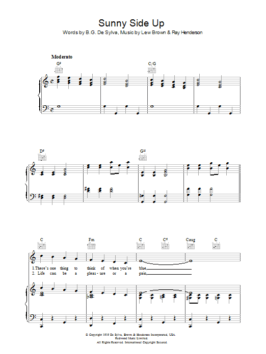 Lew Brown Sunny Side Up sheet music notes and chords arranged for Piano, Vocal & Guitar Chords