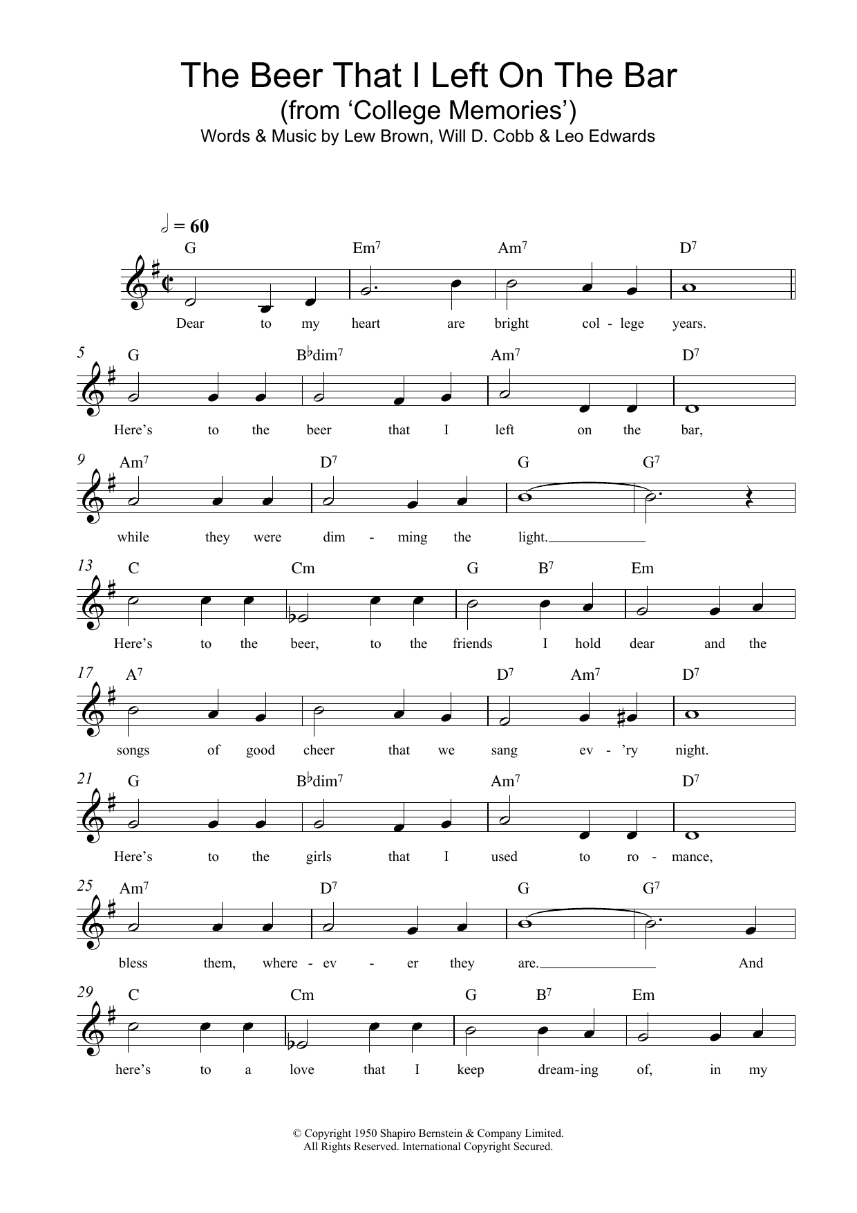 Lew Brown The Beer That I Left On The Bar (College Memories) sheet music notes and chords arranged for Lead Sheet / Fake Book