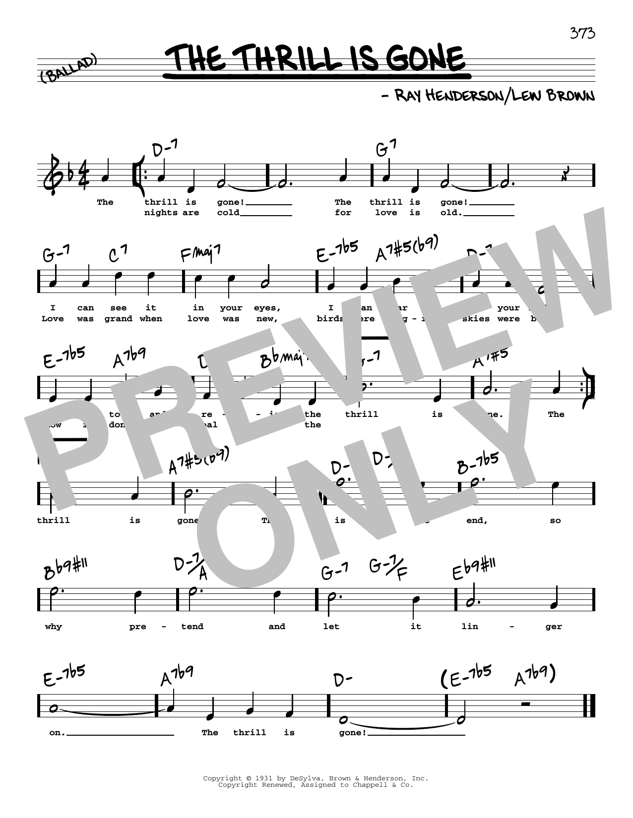 Lew Brown The Thrill Is Gone (High Voice) sheet music notes and chords arranged for Real Book – Melody, Lyrics & Chords