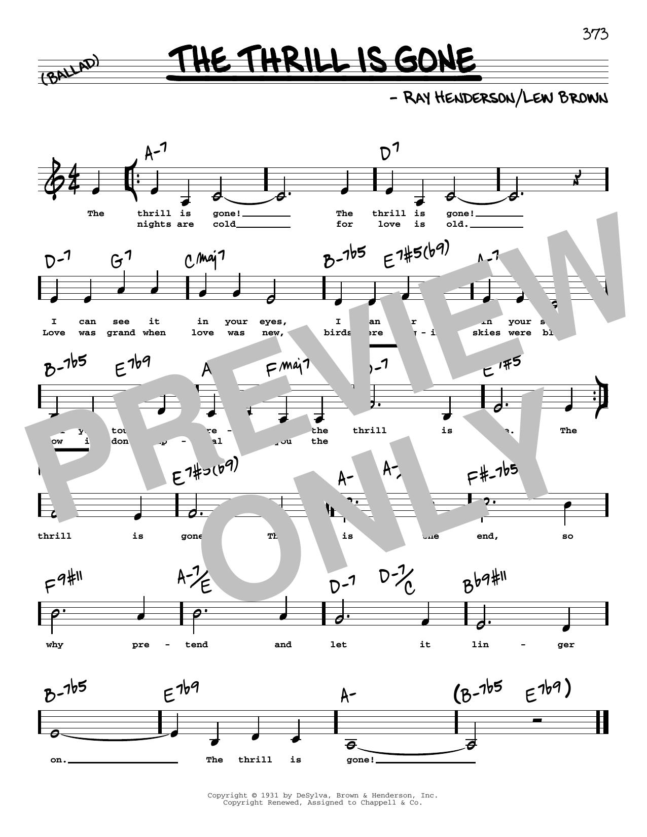 Lew Brown The Thrill Is Gone (Low Voice) sheet music notes and chords arranged for Real Book – Melody, Lyrics & Chords