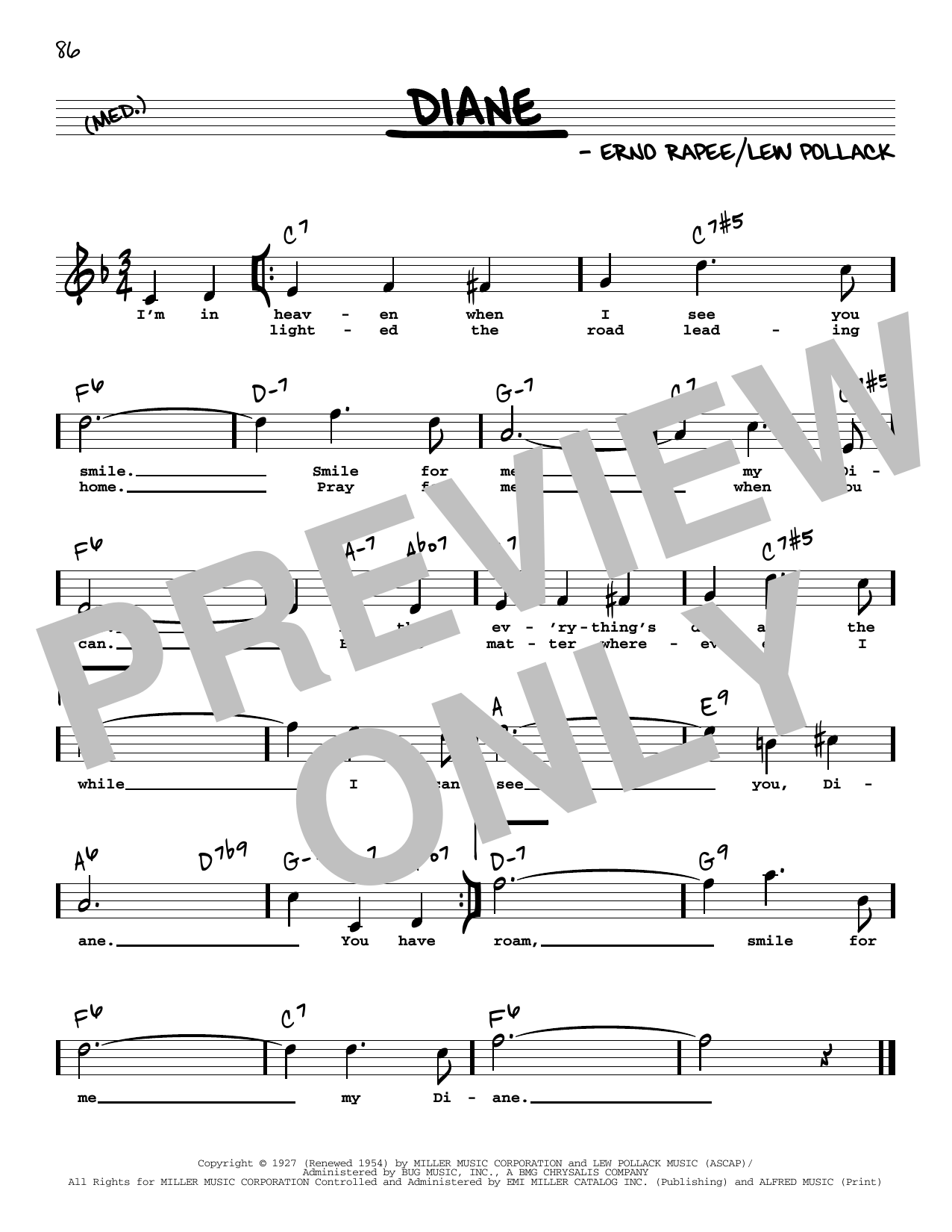 Lew Pollack Diane (High Voice) sheet music notes and chords arranged for Real Book – Melody, Lyrics & Chords