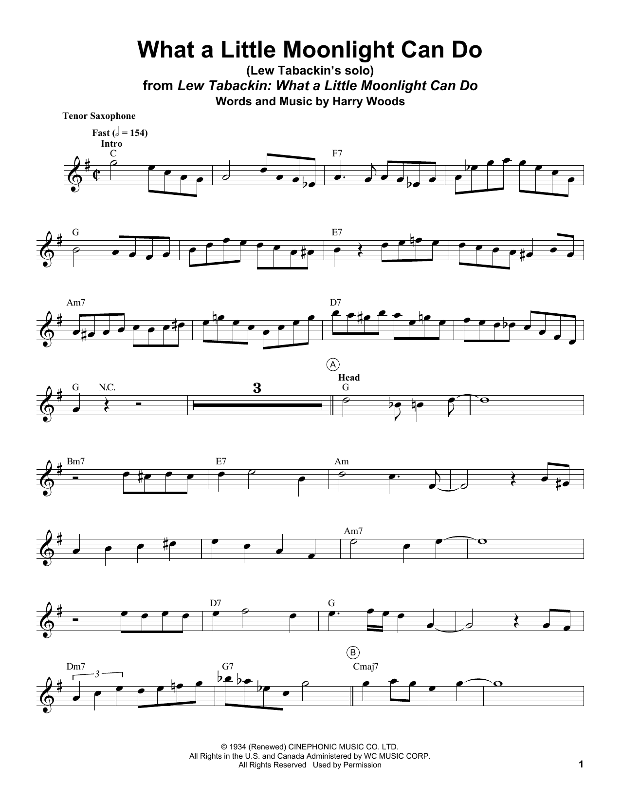 Lew Tabackin What A Little Moonlight Can Do sheet music notes and chords arranged for Tenor Sax Transcription