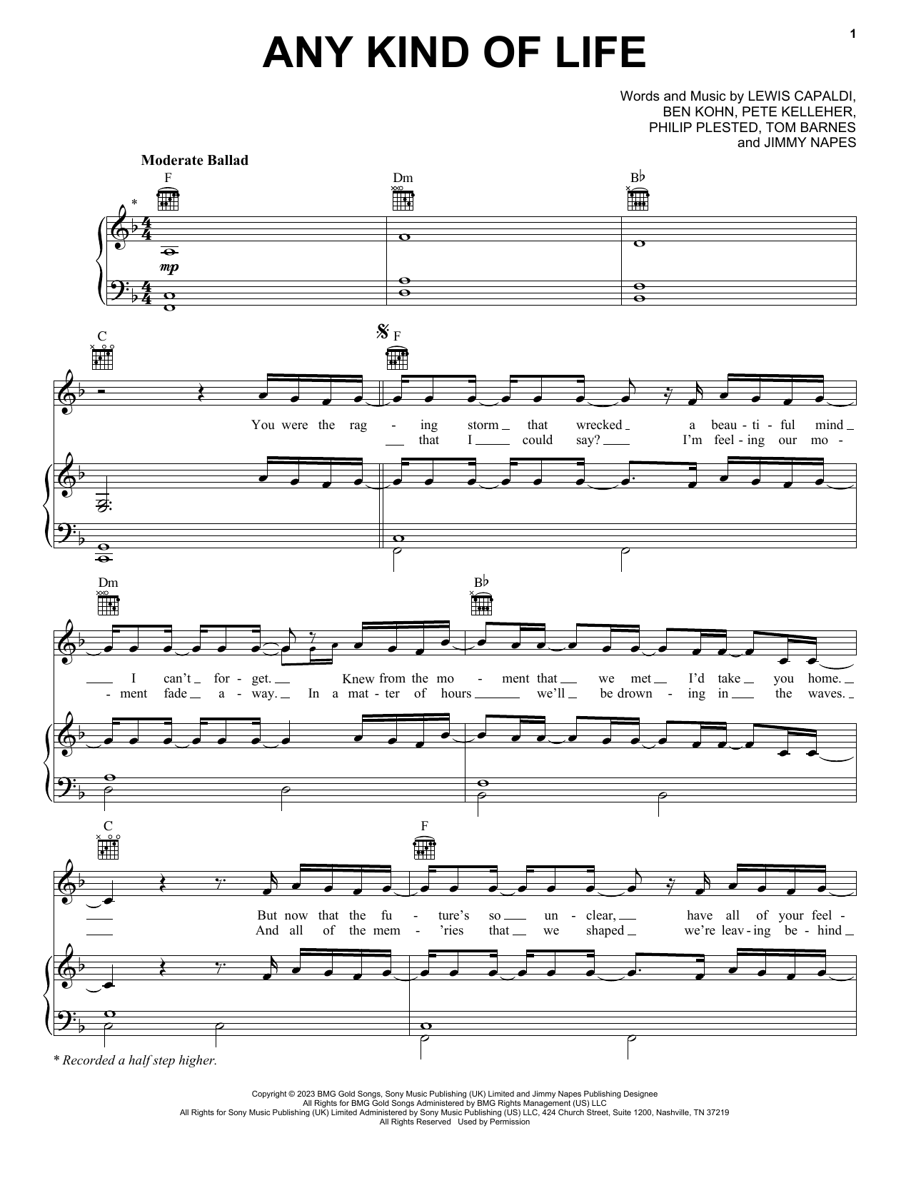 Lewis Capaldi Any Kind Of Life sheet music notes and chords arranged for Piano, Vocal & Guitar Chords (Right-Hand Melody)