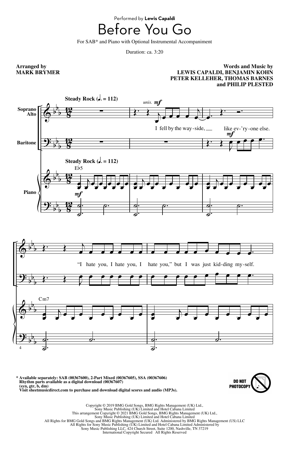 Lewis Capaldi Before You Go (arr. Mark Brymer) sheet music notes and chords arranged for SSA Choir