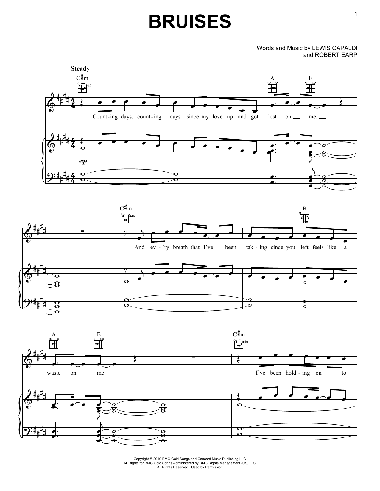 Lewis Capaldi Bruises sheet music notes and chords arranged for Piano, Vocal & Guitar Chords (Right-Hand Melody)