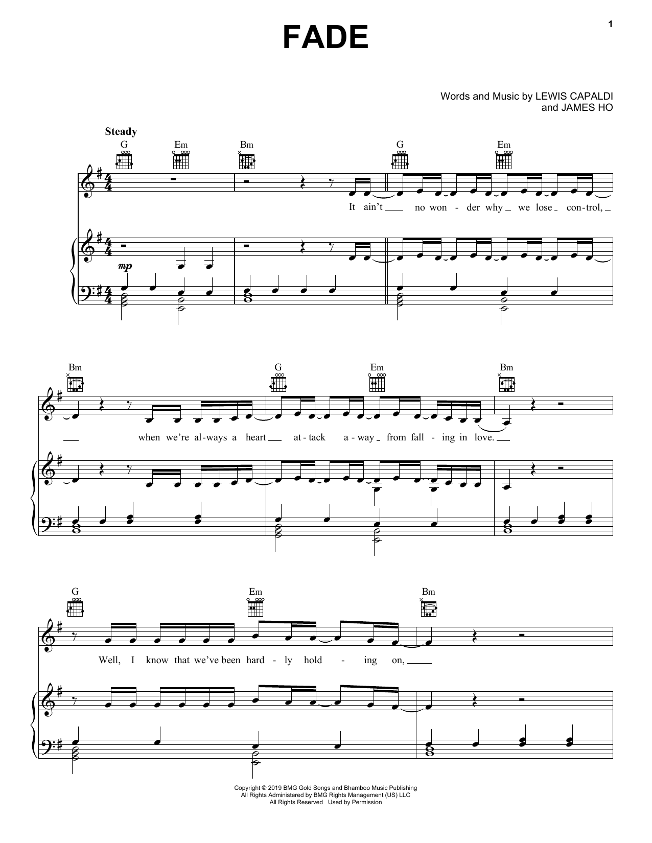 Lewis Capaldi Fade sheet music notes and chords arranged for Piano, Vocal & Guitar Chords (Right-Hand Melody)