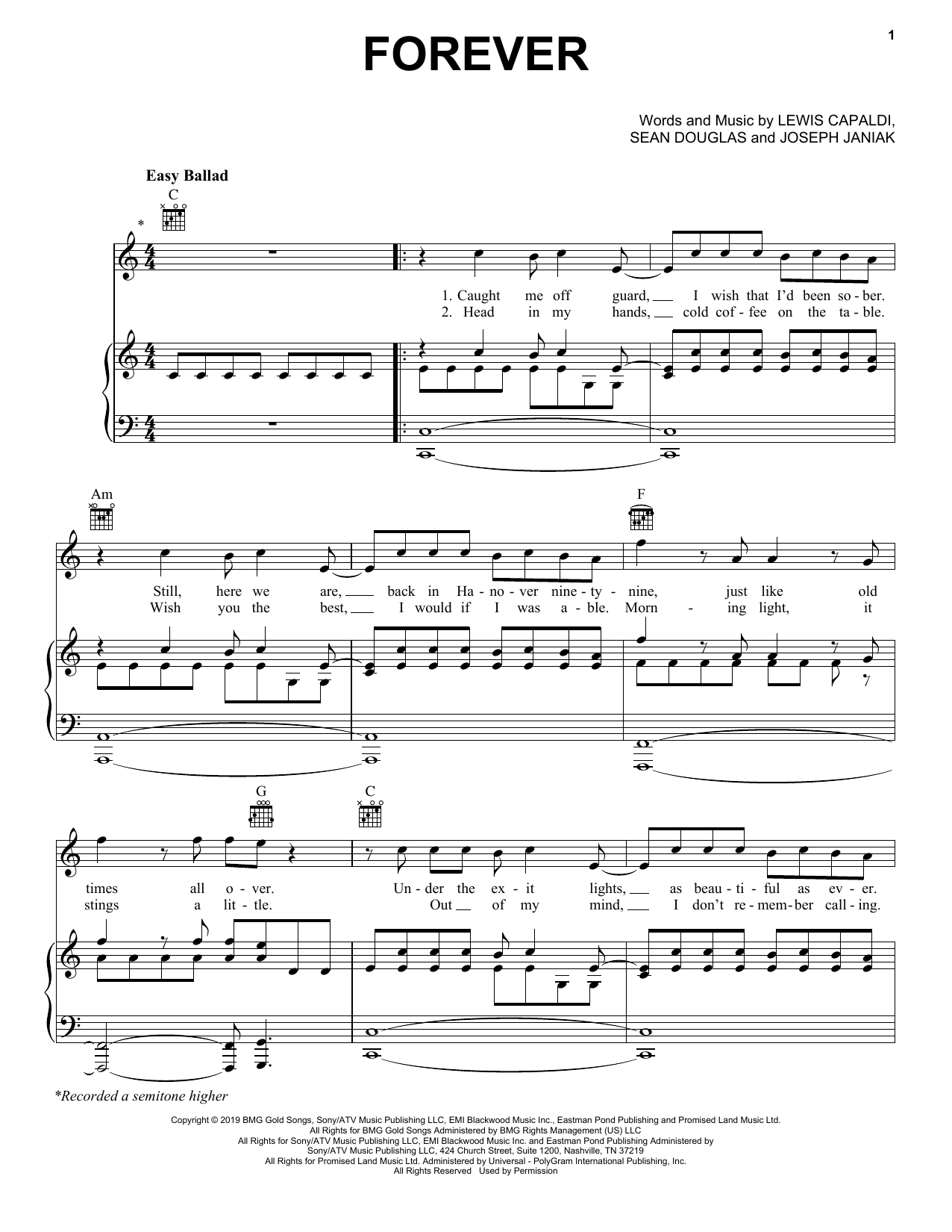 Lewis Capaldi Forever sheet music notes and chords arranged for Piano, Vocal & Guitar Chords (Right-Hand Melody)