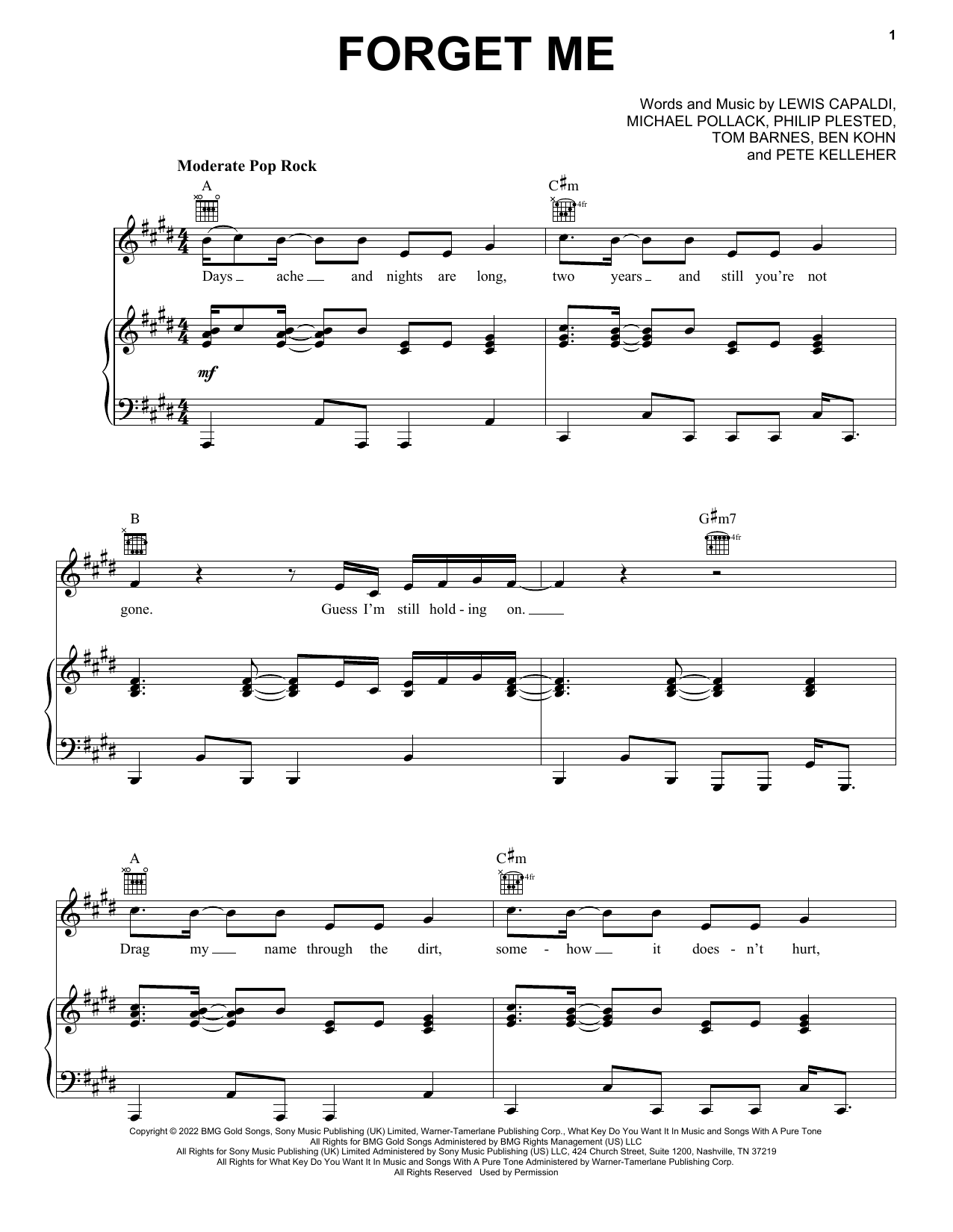 Lewis Capaldi Forget Me sheet music notes and chords arranged for Easy Piano