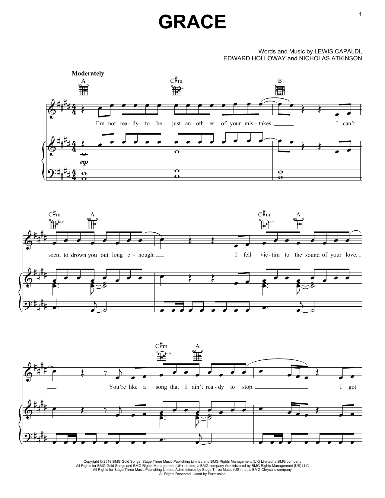 Lewis Capaldi Grace sheet music notes and chords arranged for Piano, Vocal & Guitar Chords (Right-Hand Melody)