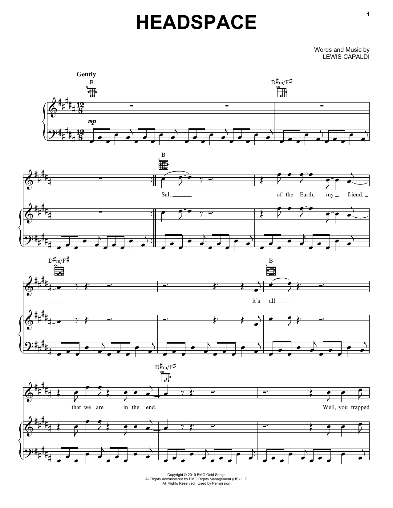Lewis Capaldi Headspace sheet music notes and chords arranged for Piano, Vocal & Guitar Chords (Right-Hand Melody)