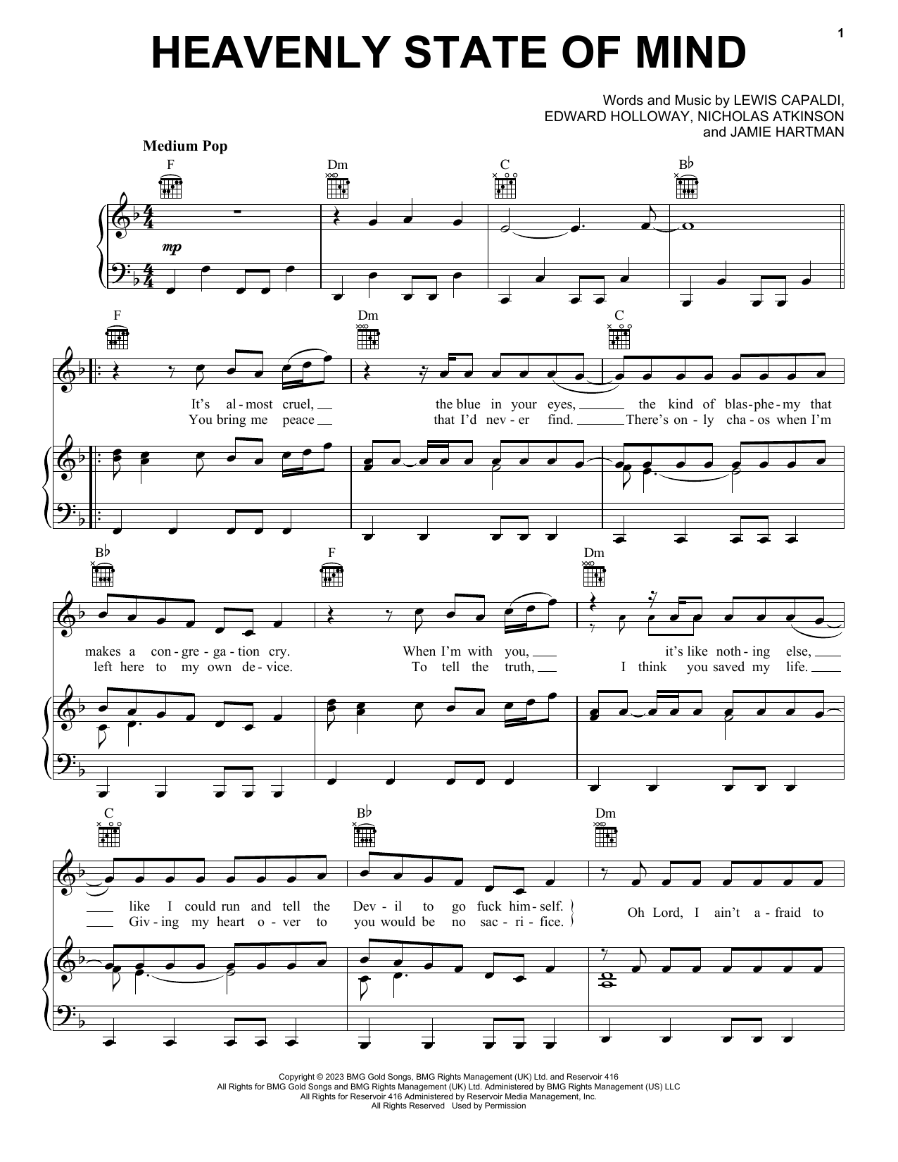 Lewis Capaldi Heavenly Kind Of State Of Mind sheet music notes and chords arranged for Piano, Vocal & Guitar Chords (Right-Hand Melody)