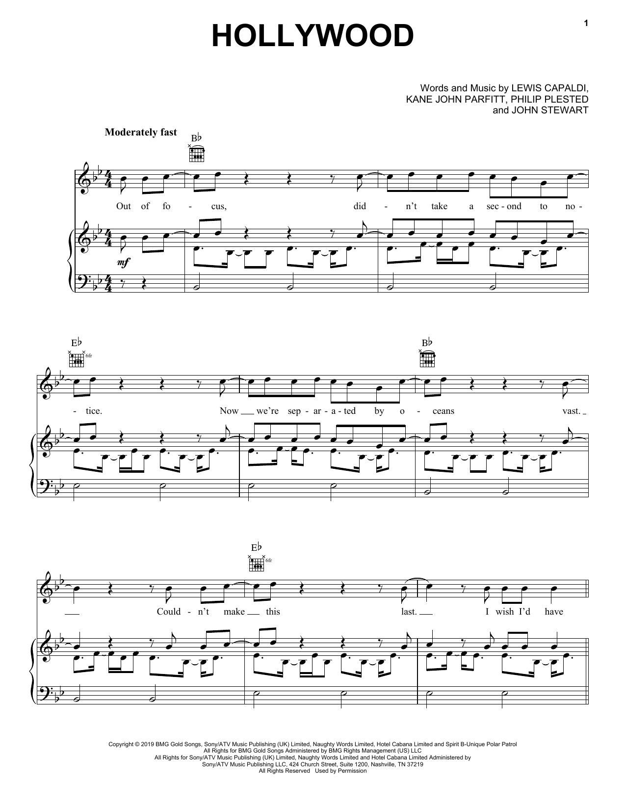 Lewis Capaldi Hollywood sheet music notes and chords arranged for Piano, Vocal & Guitar Chords (Right-Hand Melody)