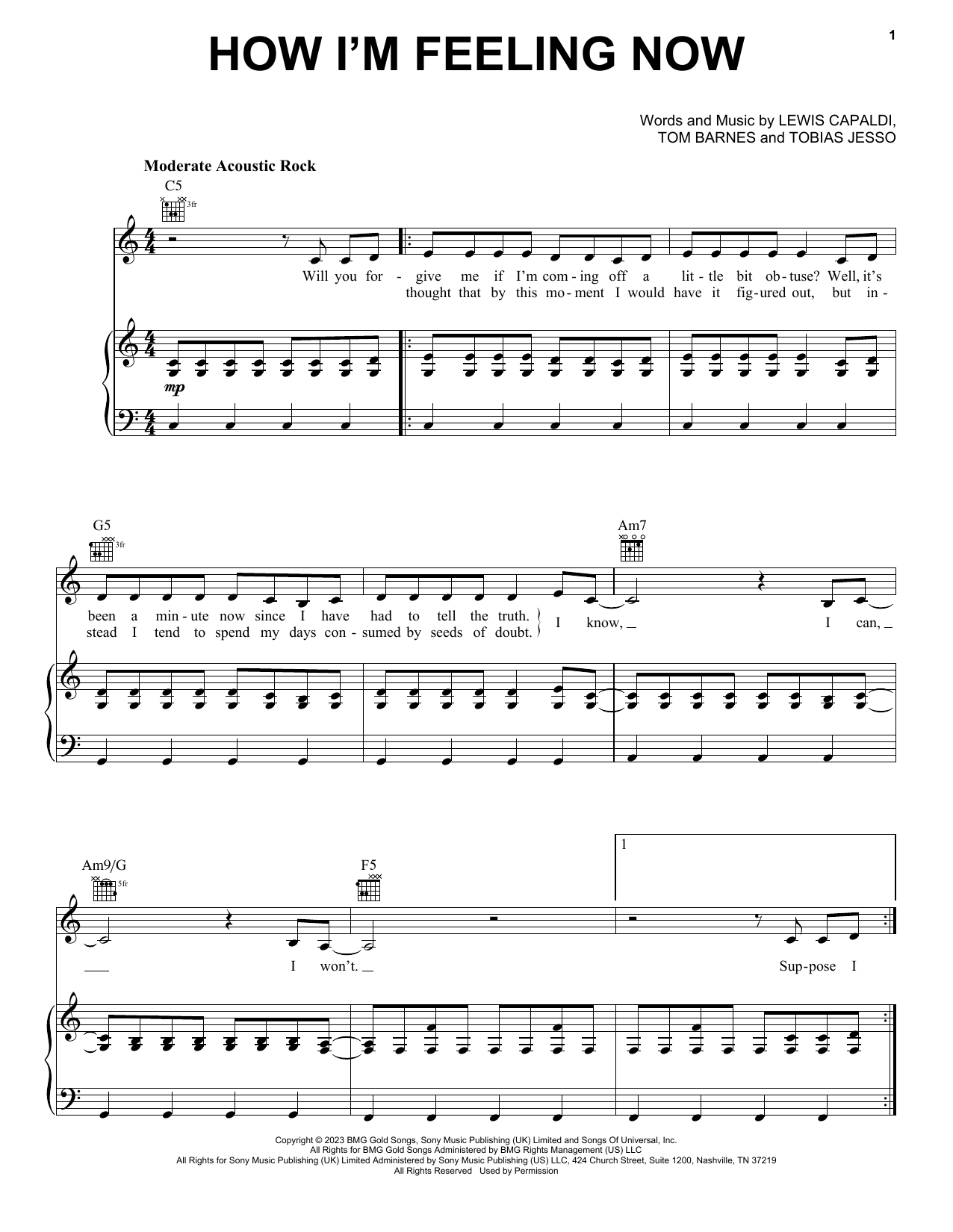 Lewis Capaldi How I'm Feeling Now sheet music notes and chords arranged for Piano, Vocal & Guitar Chords (Right-Hand Melody)