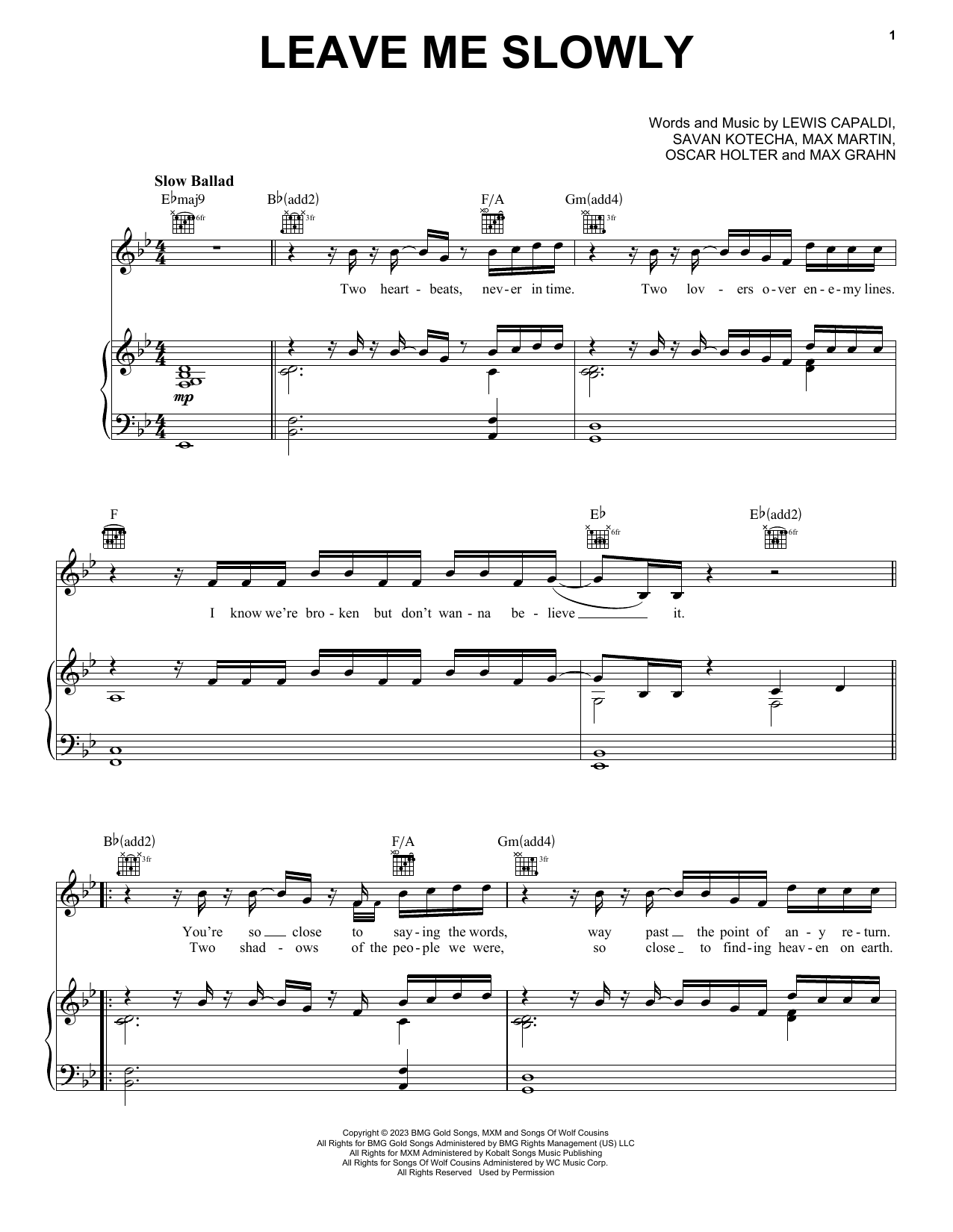 Lewis Capaldi Leave Me Slowly sheet music notes and chords arranged for Piano, Vocal & Guitar Chords (Right-Hand Melody)