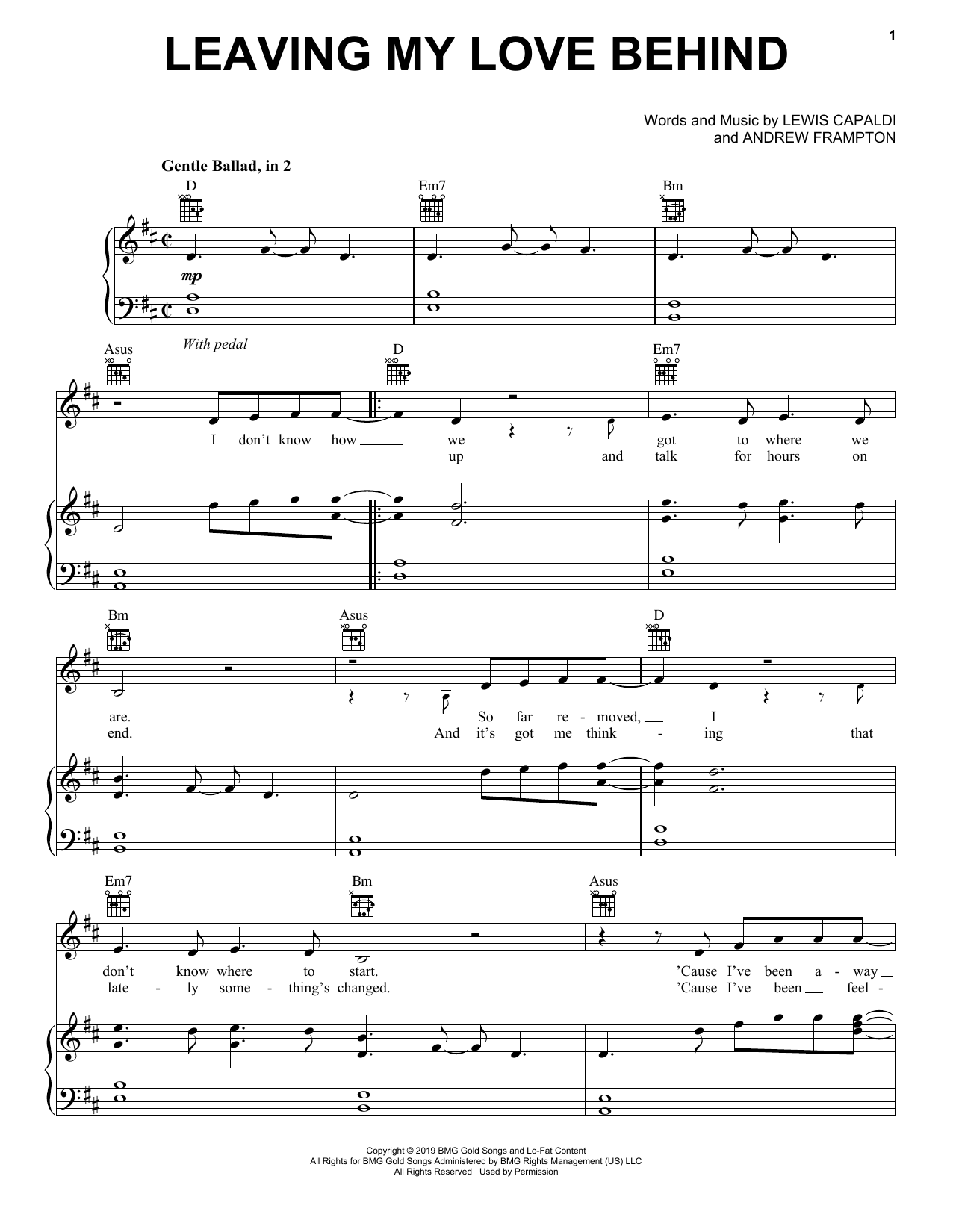 Lewis Capaldi Leaving My Love Behind sheet music notes and chords arranged for Piano, Vocal & Guitar Chords (Right-Hand Melody)