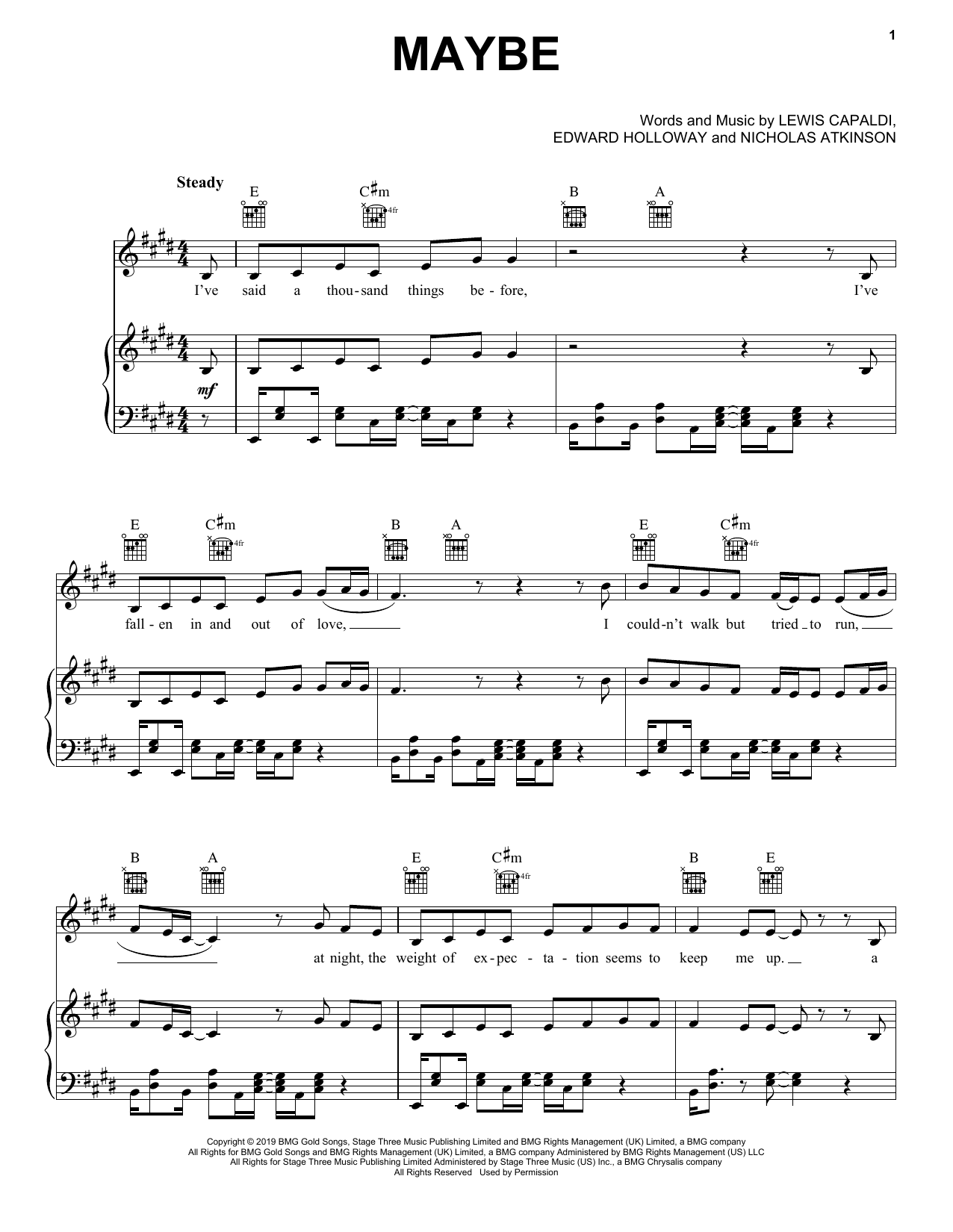 Lewis Capaldi Maybe sheet music notes and chords arranged for Piano, Vocal & Guitar Chords (Right-Hand Melody)