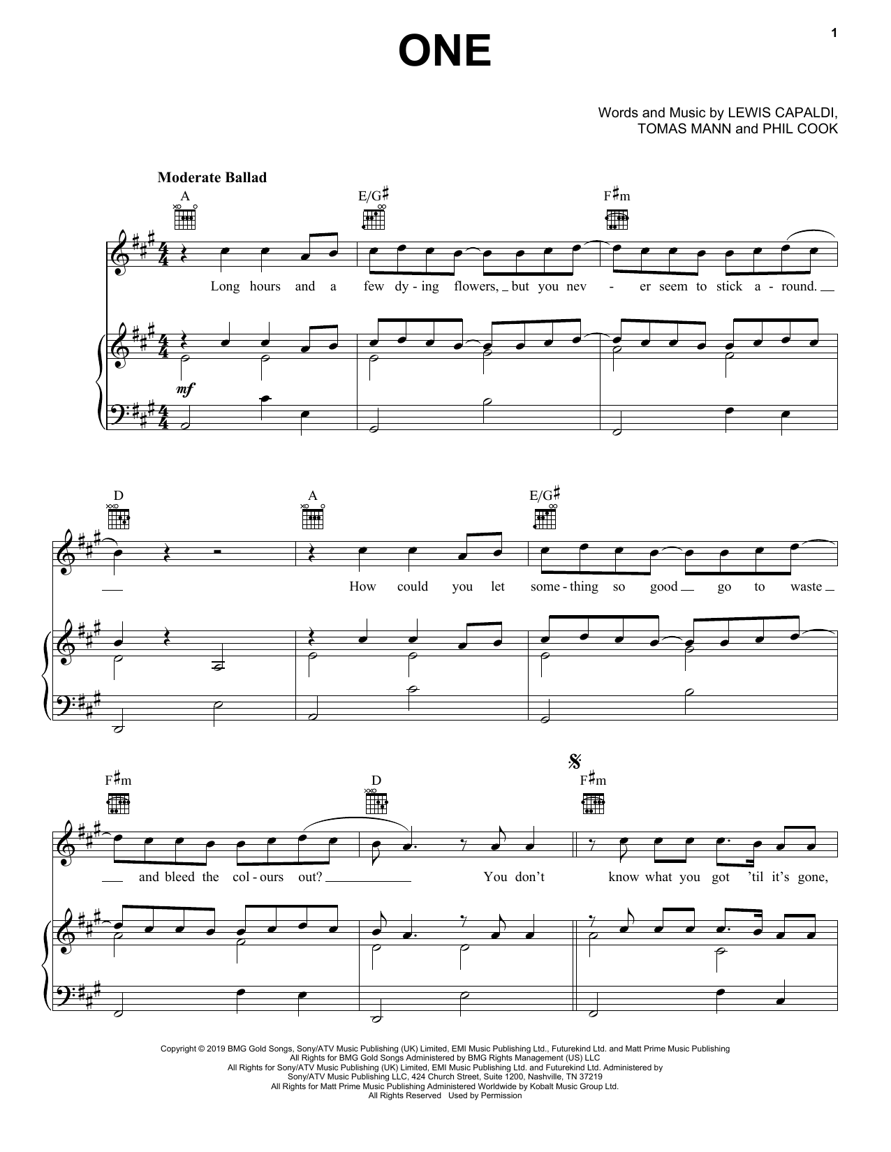 Lewis Capaldi One sheet music notes and chords arranged for Piano, Vocal & Guitar Chords (Right-Hand Melody)