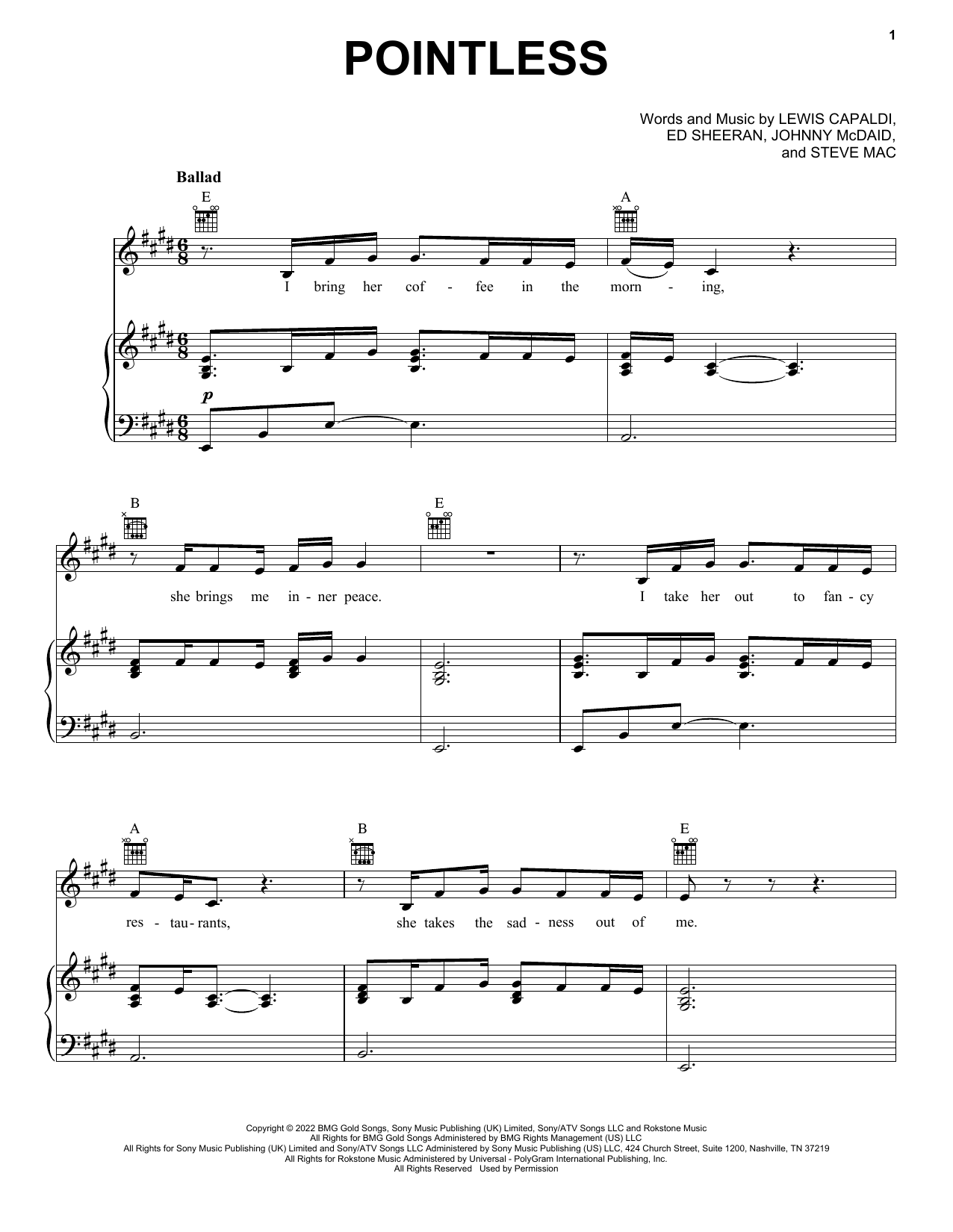 Lewis Capaldi Pointless sheet music notes and chords arranged for Piano, Vocal & Guitar Chords (Right-Hand Melody)