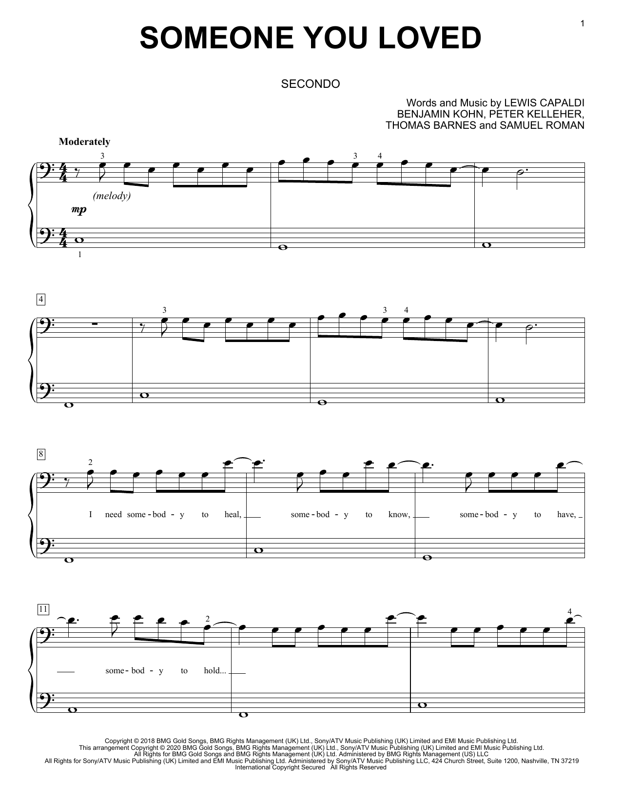 Lewis Capaldi Someone You Loved (arr. David Pearl) sheet music notes and chords arranged for Piano Duet