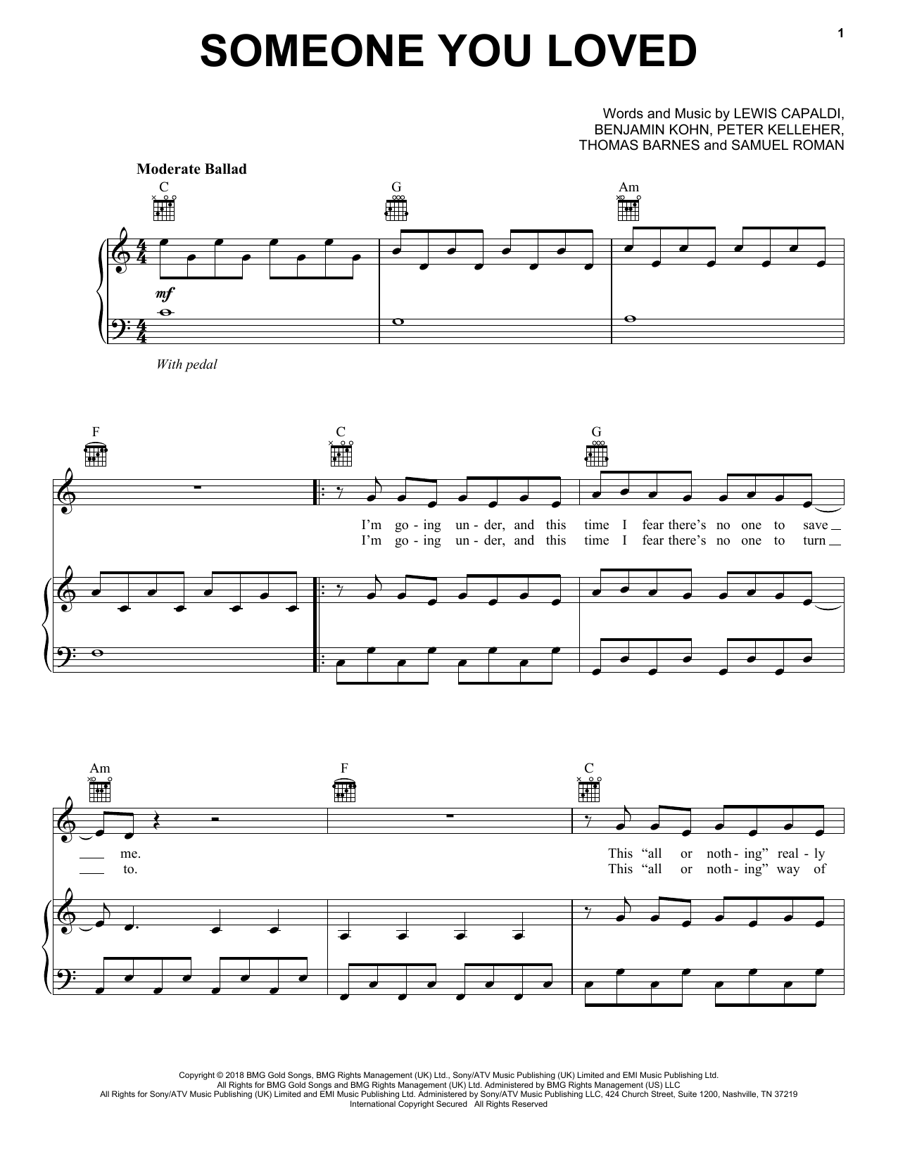 Lewis Capaldi Someone You Loved sheet music notes and chords arranged for Guitar Chords/Lyrics