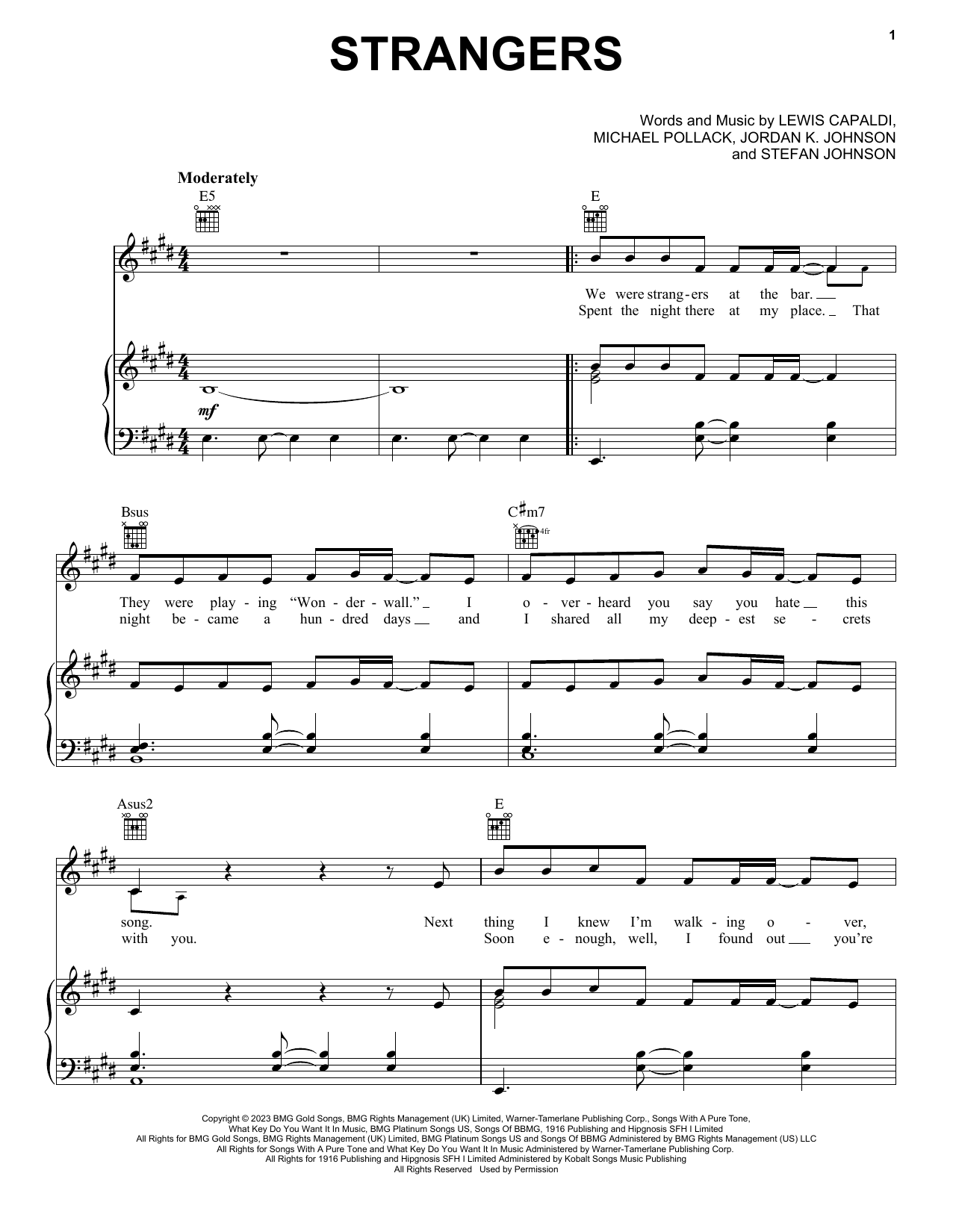 Lewis Capaldi Strangers sheet music notes and chords arranged for Piano, Vocal & Guitar Chords (Right-Hand Melody)