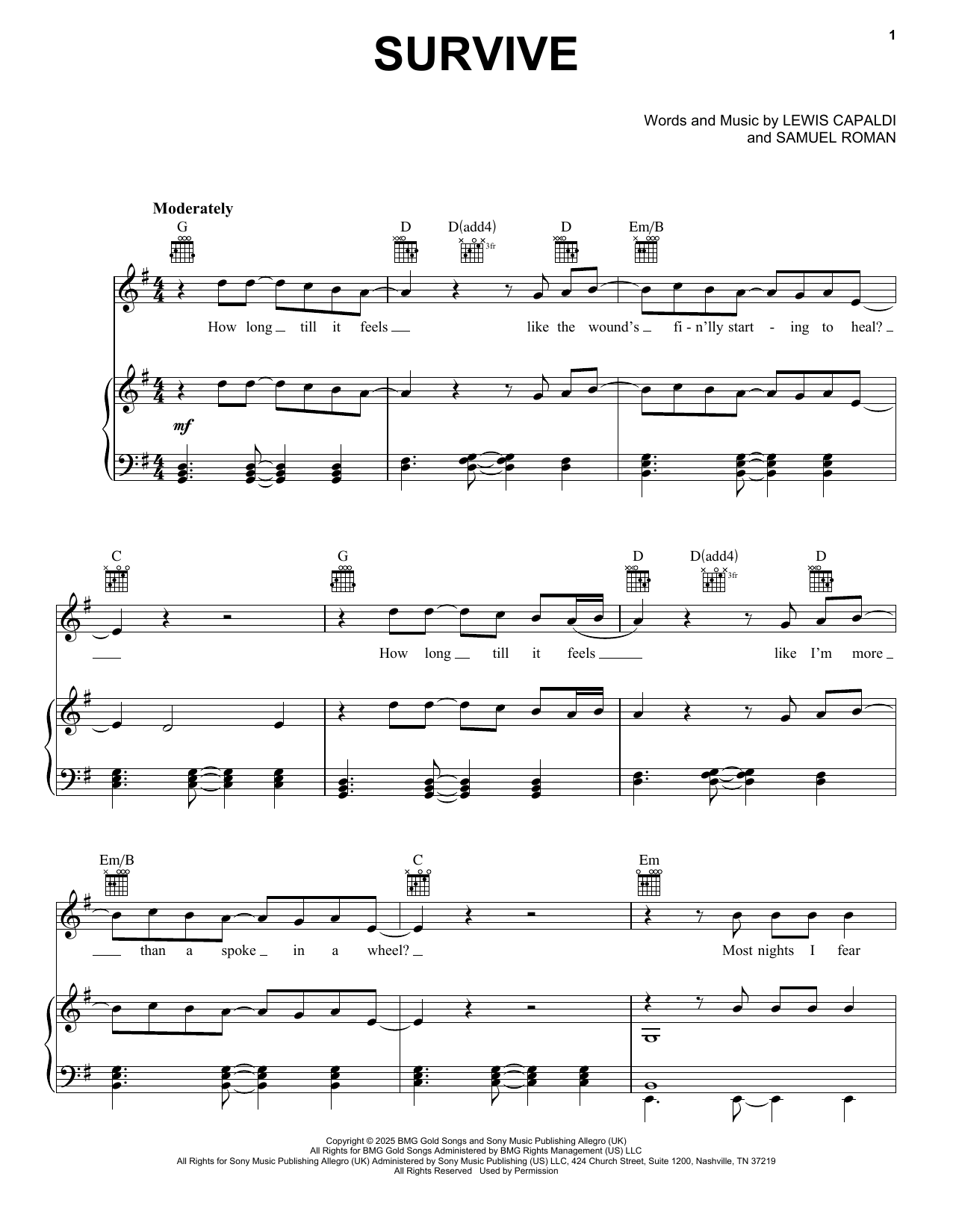 Lewis Capaldi Survive sheet music notes and chords arranged for Piano, Vocal & Guitar Chords (Right-Hand Melody)