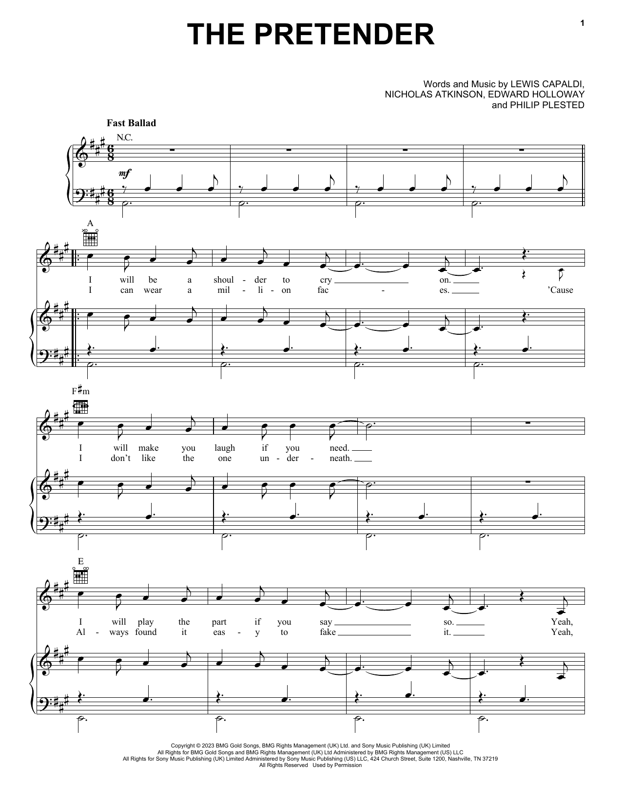 Lewis Capaldi The Pretender sheet music notes and chords arranged for Piano, Vocal & Guitar Chords (Right-Hand Melody)