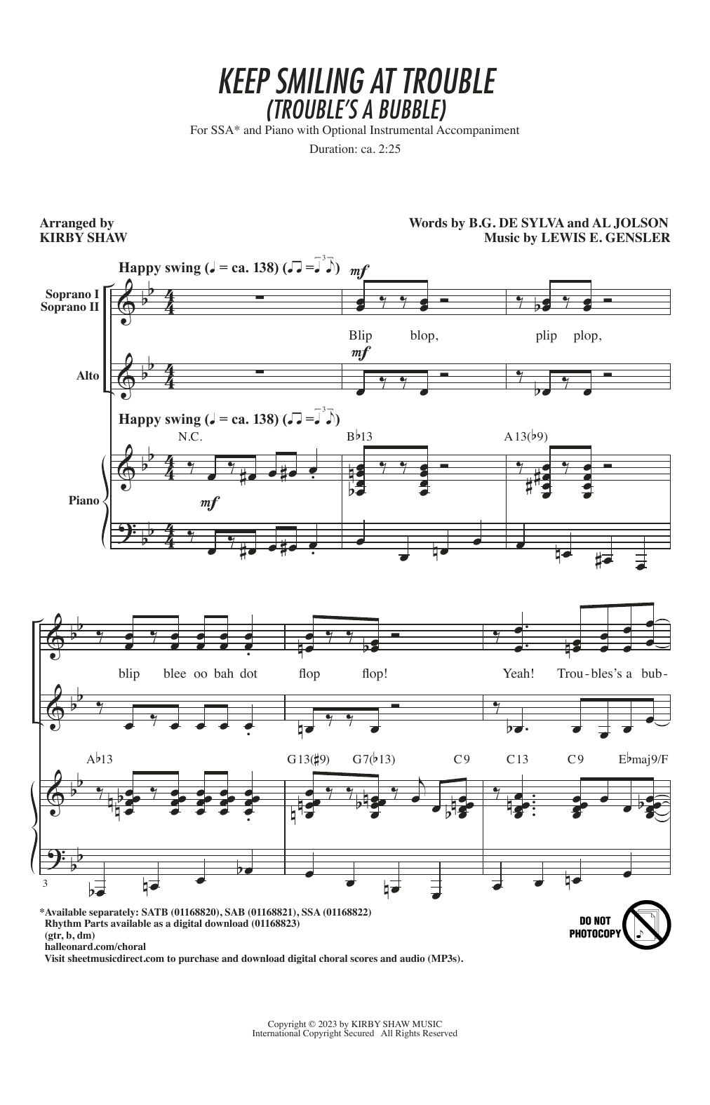 Lewis E. Gensler Keep Smiling At Trouble (Trouble's A Bubble) (arr. Kirby Shaw) sheet music notes and chords arranged for SSA Choir