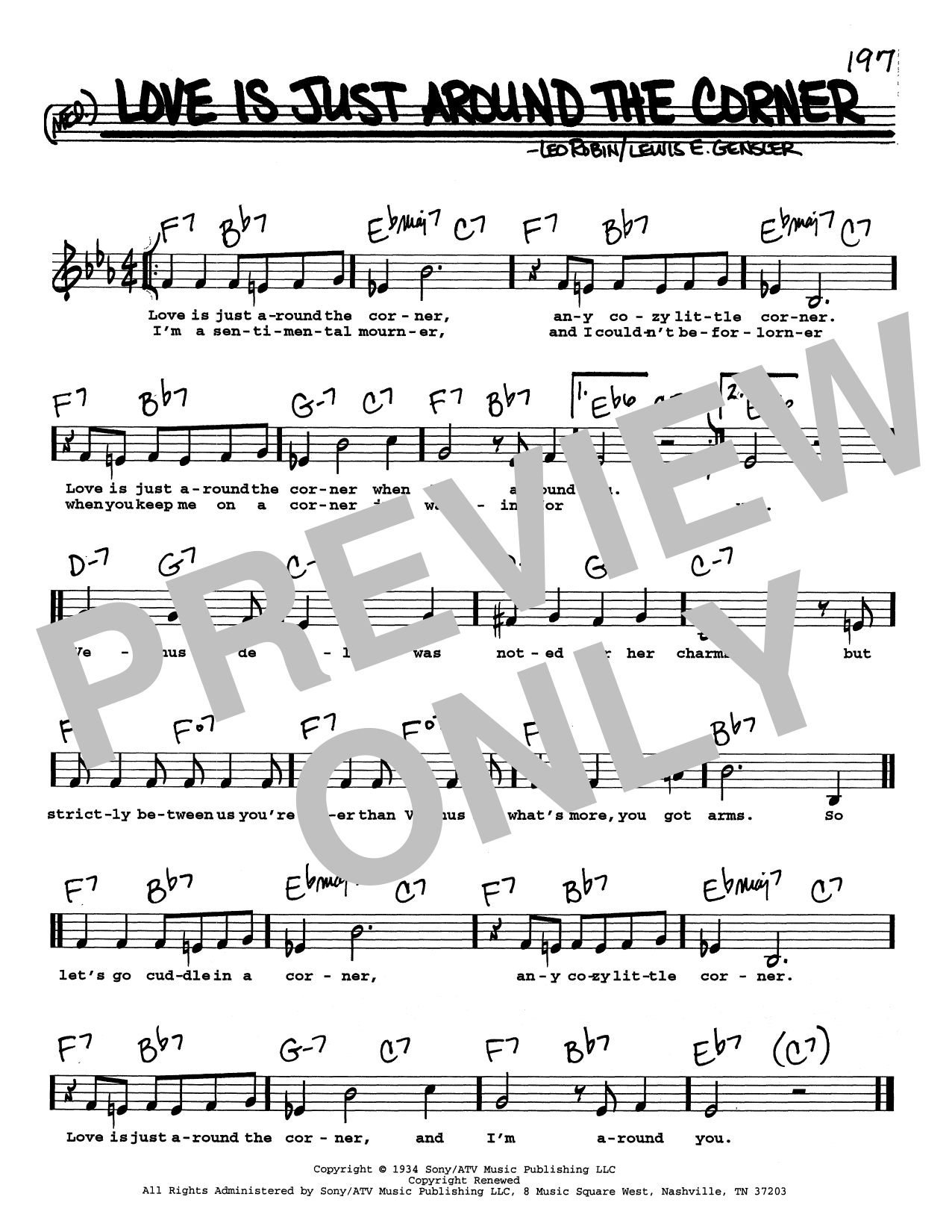 Lewis E. Gensler Love Is Just Around The Corner (Low Voice) sheet music notes and chords arranged for Real Book – Melody, Lyrics & Chords