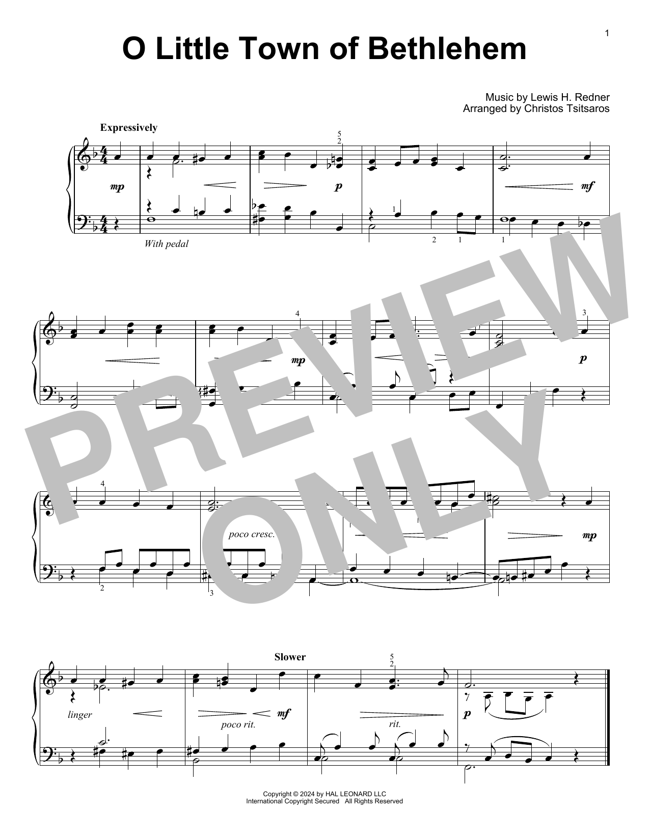 Lewis H. Redner O Little Town Of Bethlehem (arr. Christos Tsitsaros) sheet music notes and chords arranged for Easy Piano Solo