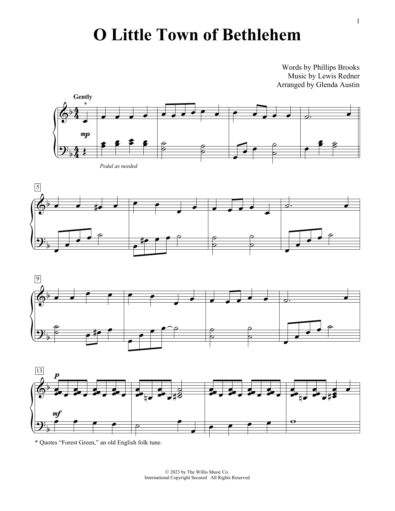 Lewis H. Redner O Little Town Of Bethlehem (arr. Glenda Austin) sheet music notes and chords arranged for Educational Piano